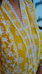 Yellow Anarkali Kurti for Women With Mirror Work, Yellow lace dress with white floral patterns