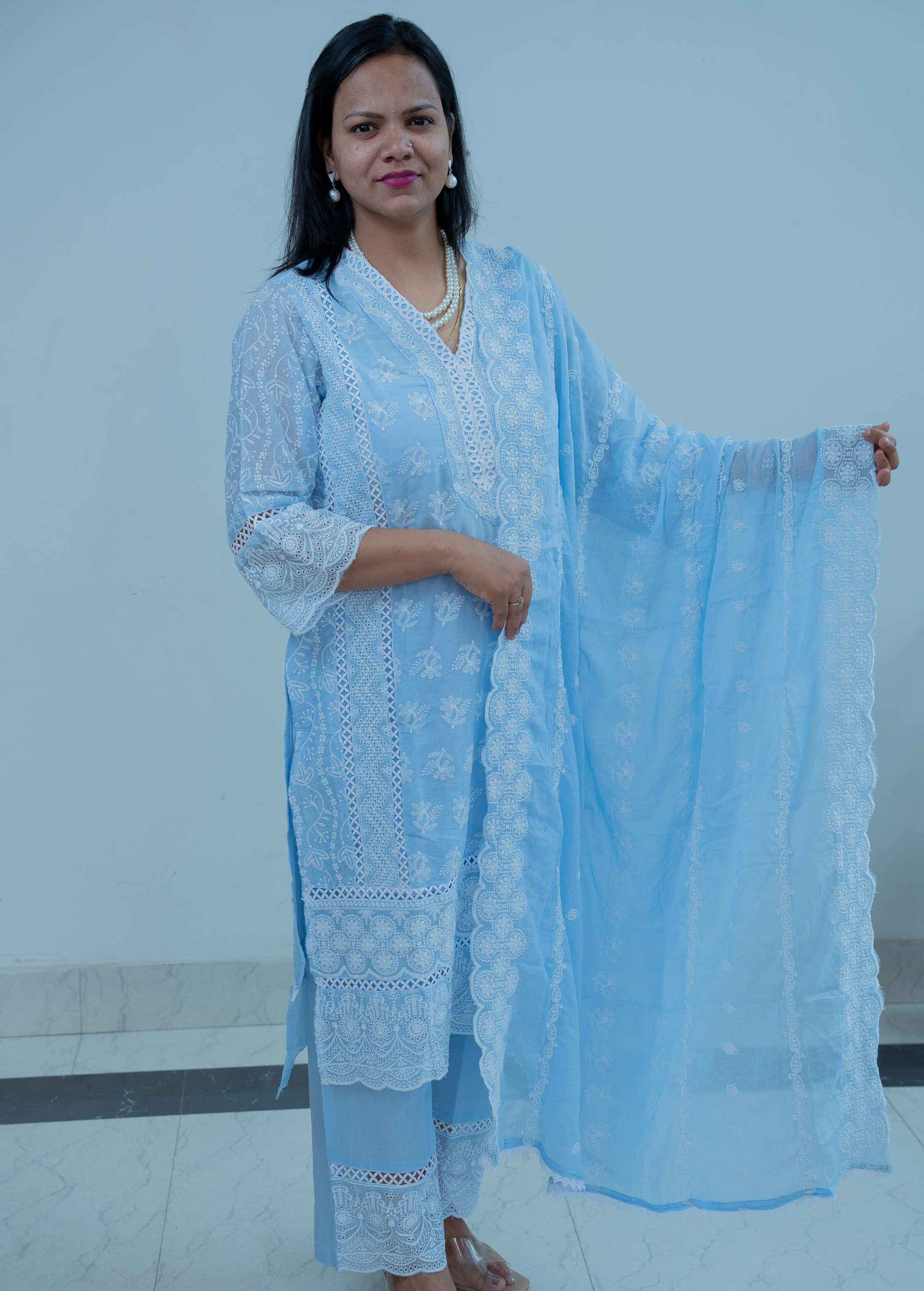 Powder Blue Mul Cotton Chikankari Suit Set