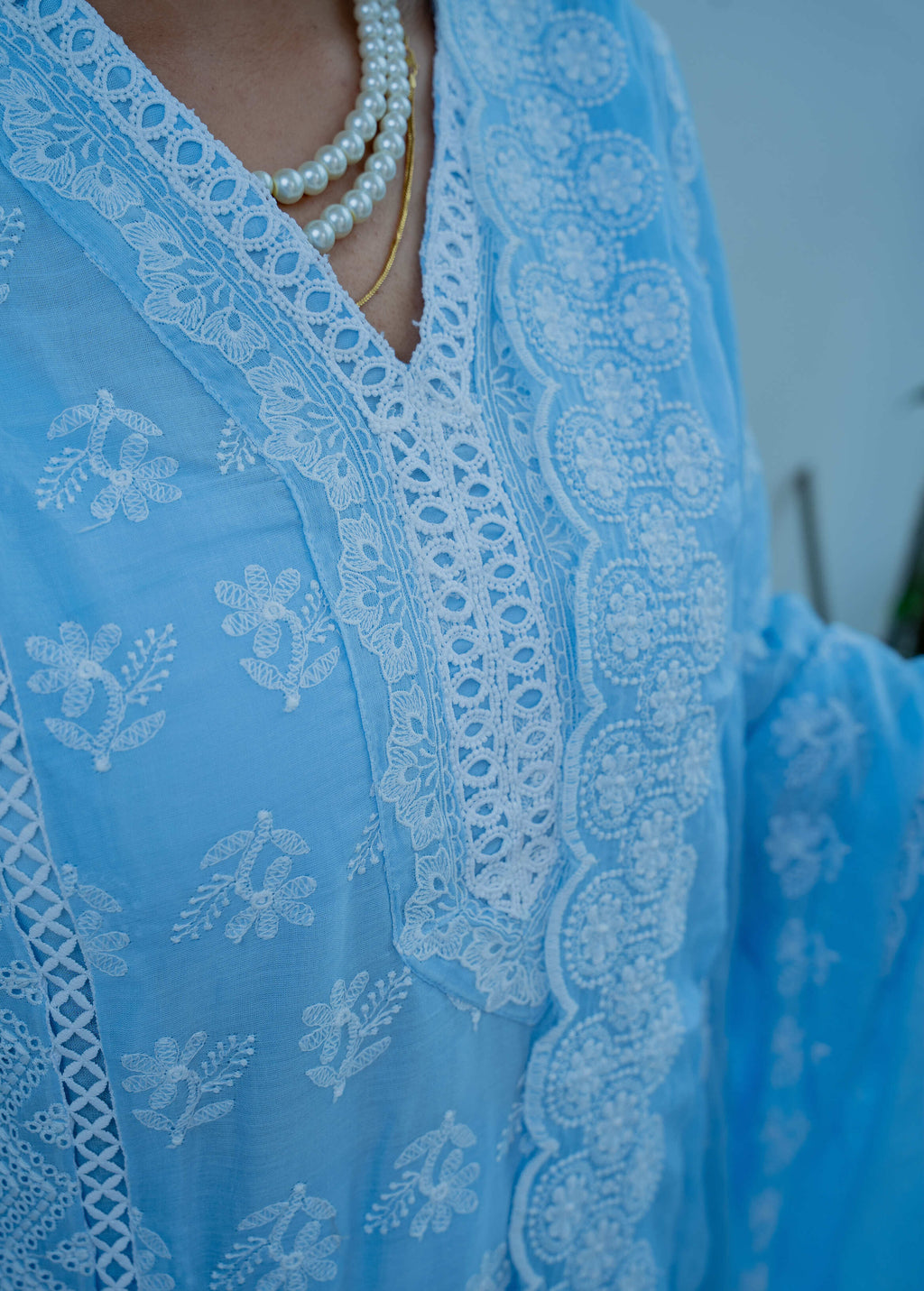 Powder Blue Mul Cotton Chikankari Suit Set
