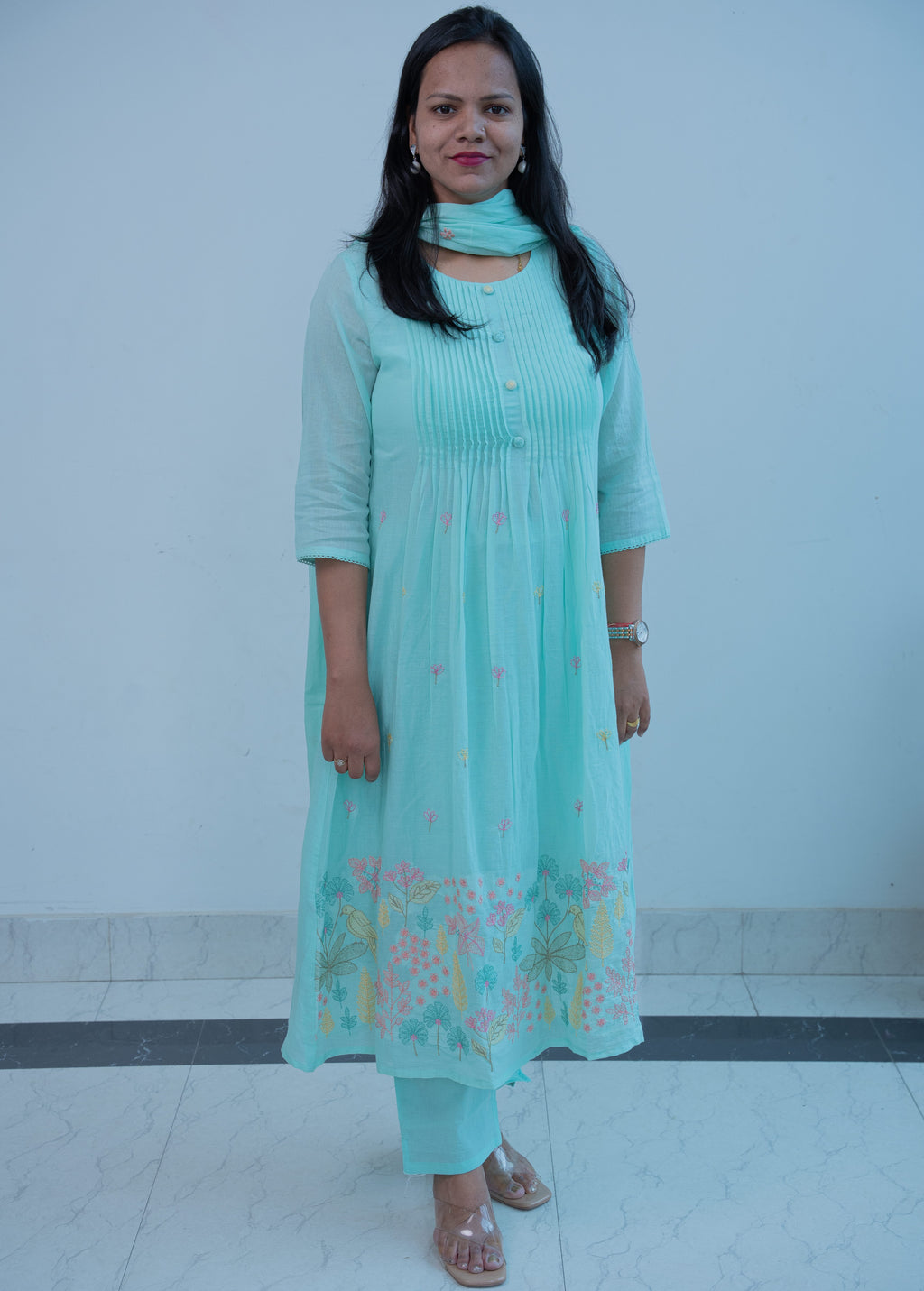 3-piece Aqua Blue Cotton A-Line Suit Set with Digital Floral Print & Pin-Tuck Yoke
