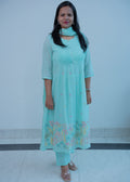 3-piece Aqua Blue Cotton A-Line Suit Set with Digital Floral Print & Pin-Tuck Yoke