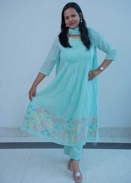 3-piece Aqua Blue Cotton A-Line Suit Set with Digital Floral Print & Pin-Tuck Yoke