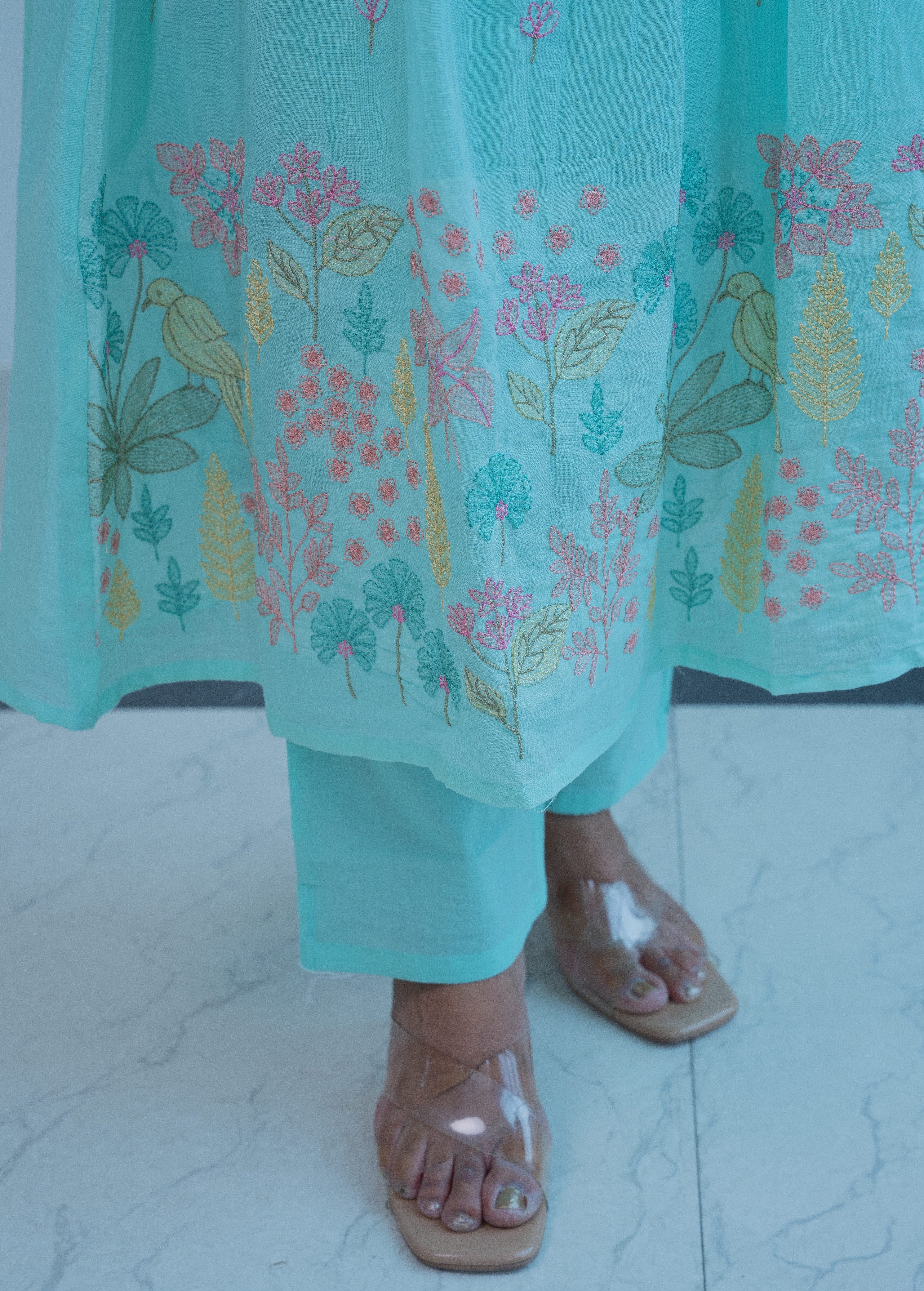 3-piece Aqua Blue Cotton A-Line Suit Set with Digital Floral Print & Pin-Tuck Yoke