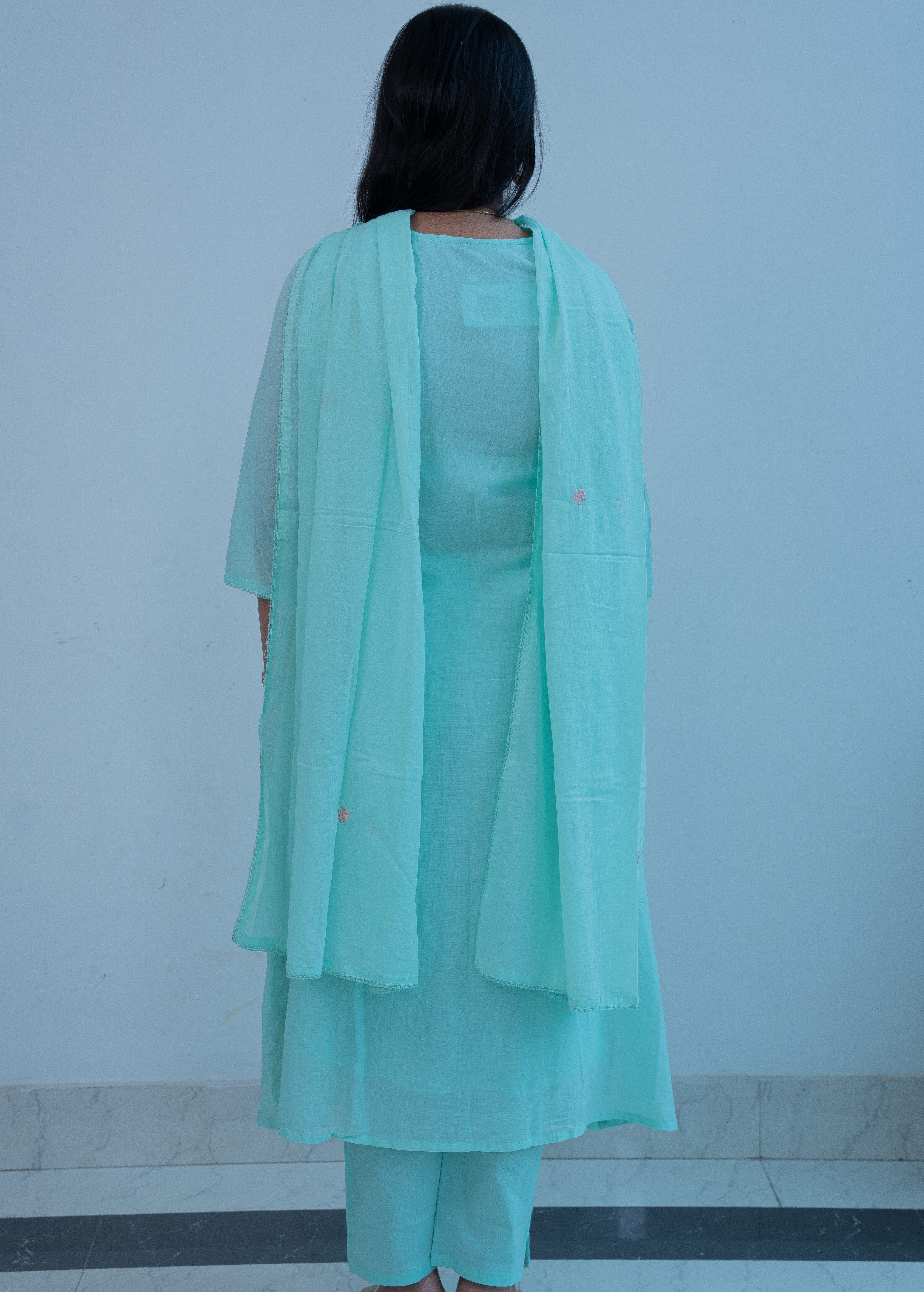 3-piece Aqua Blue Cotton A-Line Suit Set with Digital Floral Print & Pin-Tuck Yoke