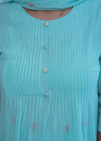 3-piece Aqua Blue Cotton A-Line Suit Set with Digital Floral Print & Pin-Tuck Yoke