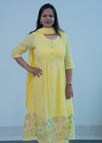 3-piece  Lemon Yellow Cotton A-Line Suit Set with Digital Floral Print & Pin-Tuck Yoke