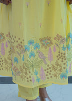 3-piece  Lemon Yellow Cotton A-Line Suit Set with Digital Floral Print & Pin-Tuck Yoke