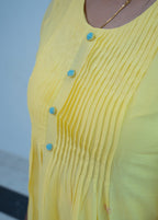 3-piece  Lemon Yellow Cotton A-Line Suit Set with Digital Floral Print & Pin-Tuck Yoke