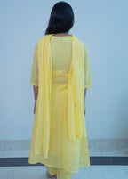 3-piece  Lemon Yellow Cotton A-Line Suit Set with Digital Floral Print & Pin-Tuck Yoke