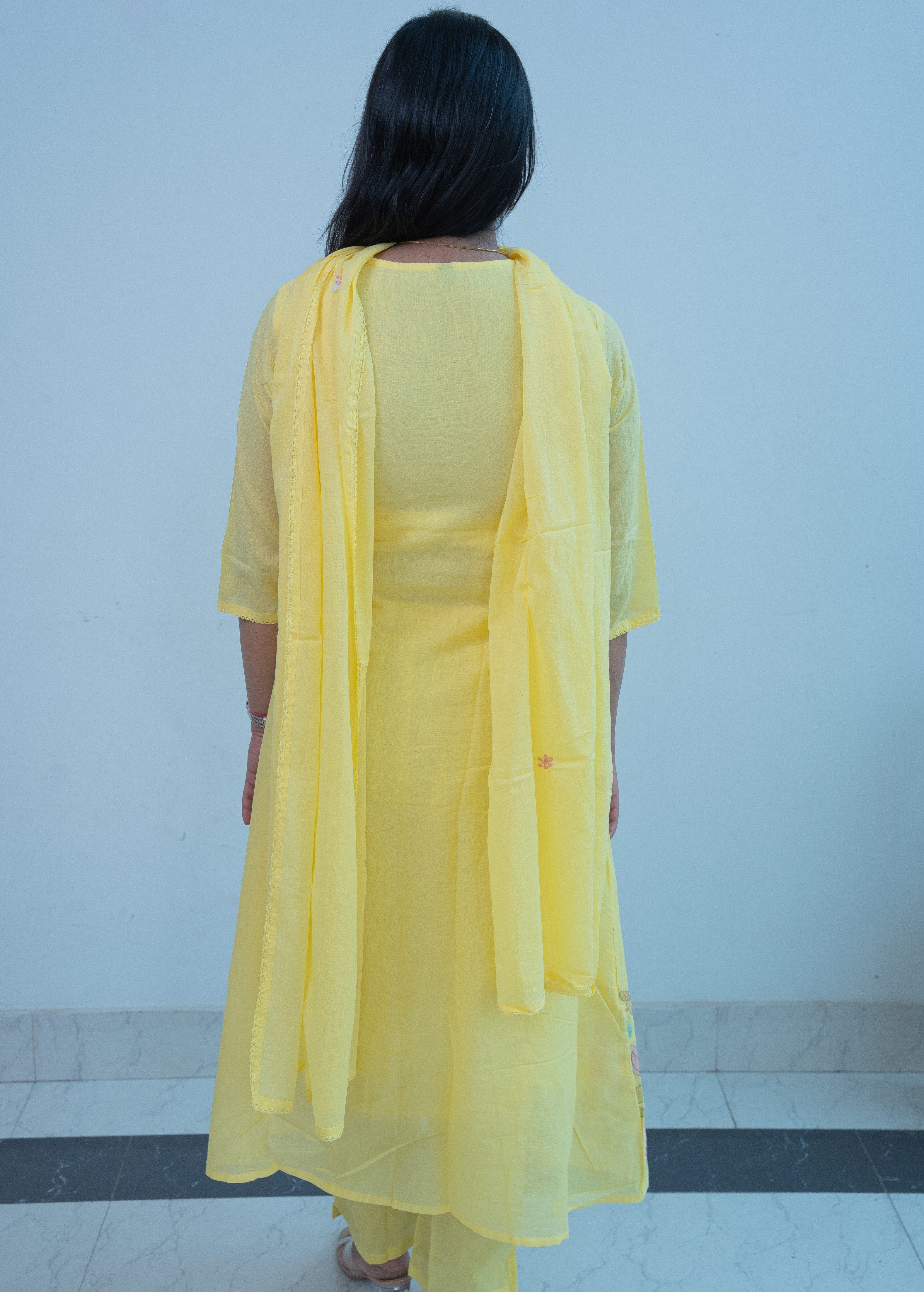 3-piece  Lemon Yellow Cotton A-Line Suit Set with Digital Floral Print & Pin-Tuck Yoke