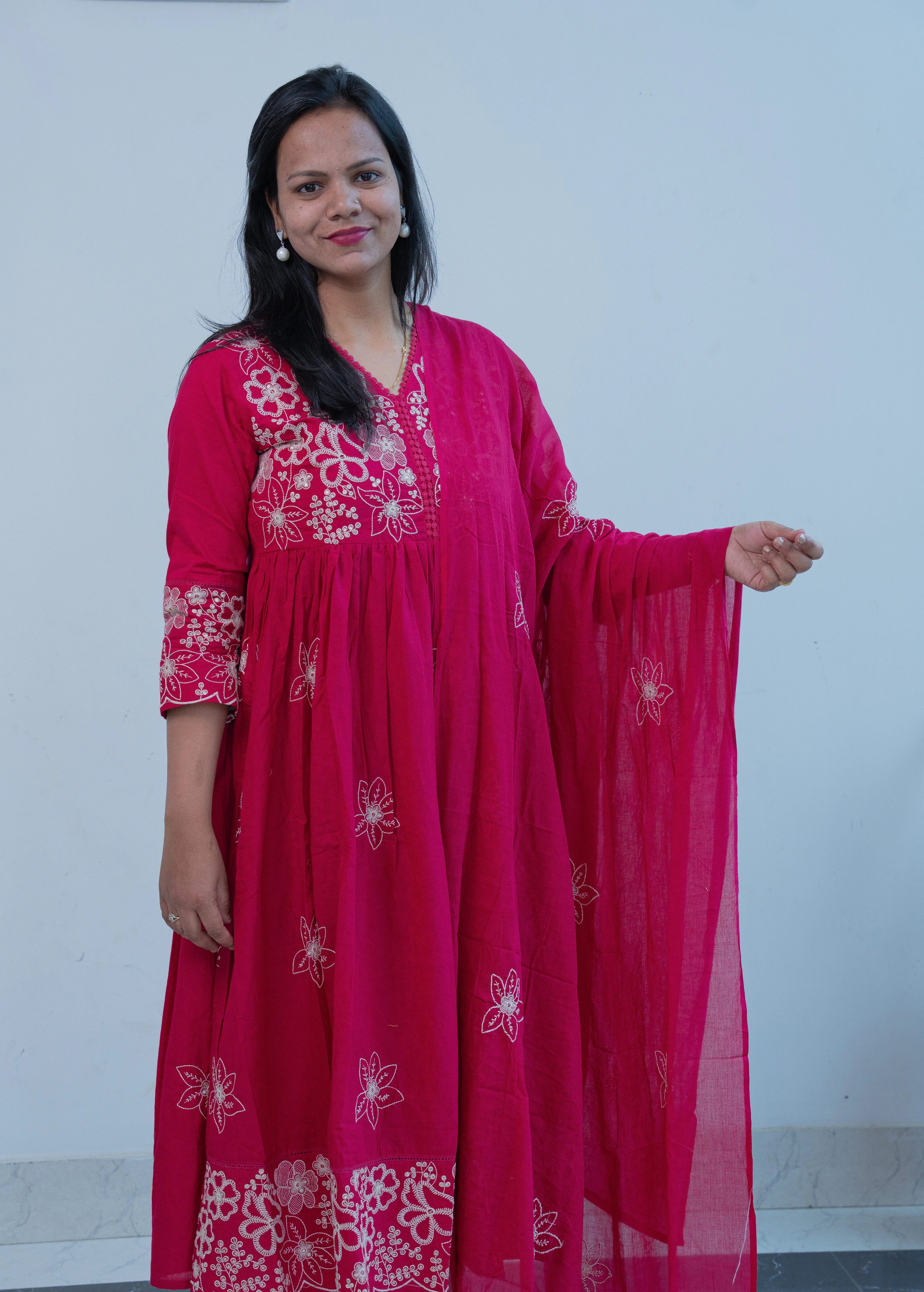 FLORAL EMBROIDERED THREAD WORK COTTON ANARKALI WITH EMBROIDERED DUPATTA