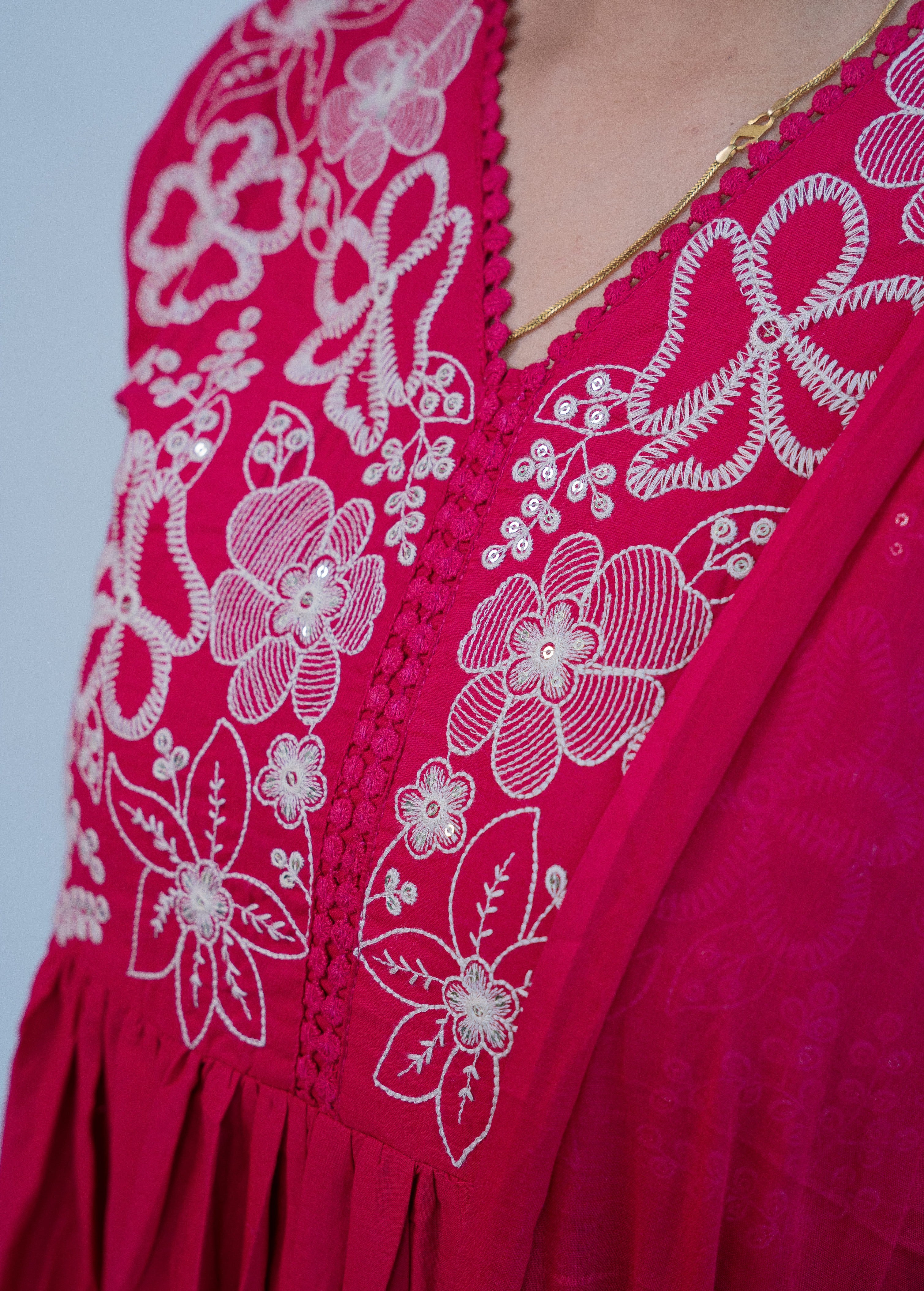FLORAL EMBROIDERED THREAD WORK COTTON ANARKALI WITH EMBROIDERED DUPATTA