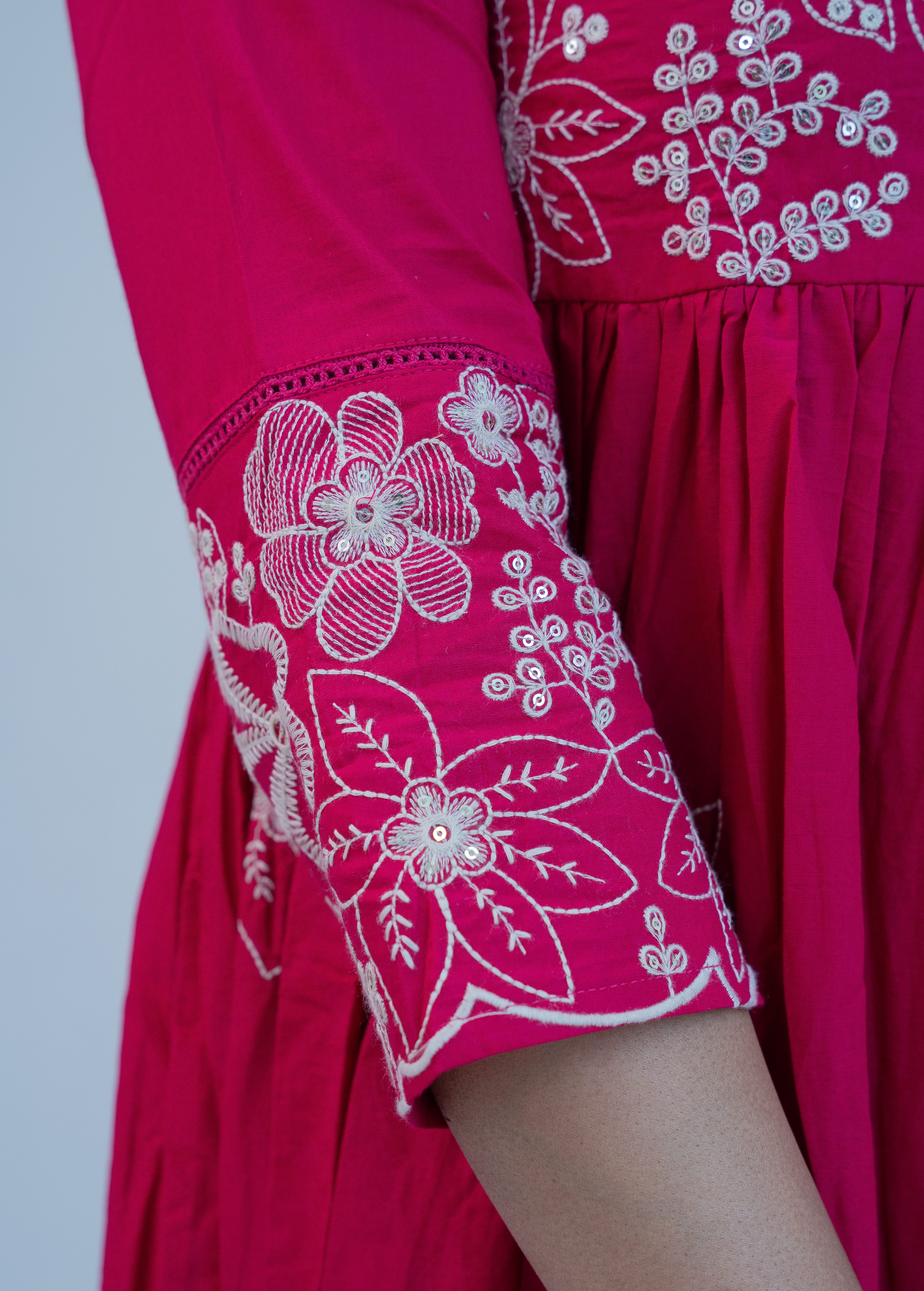 FLORAL EMBROIDERED THREAD WORK COTTON ANARKALI WITH EMBROIDERED DUPATTA