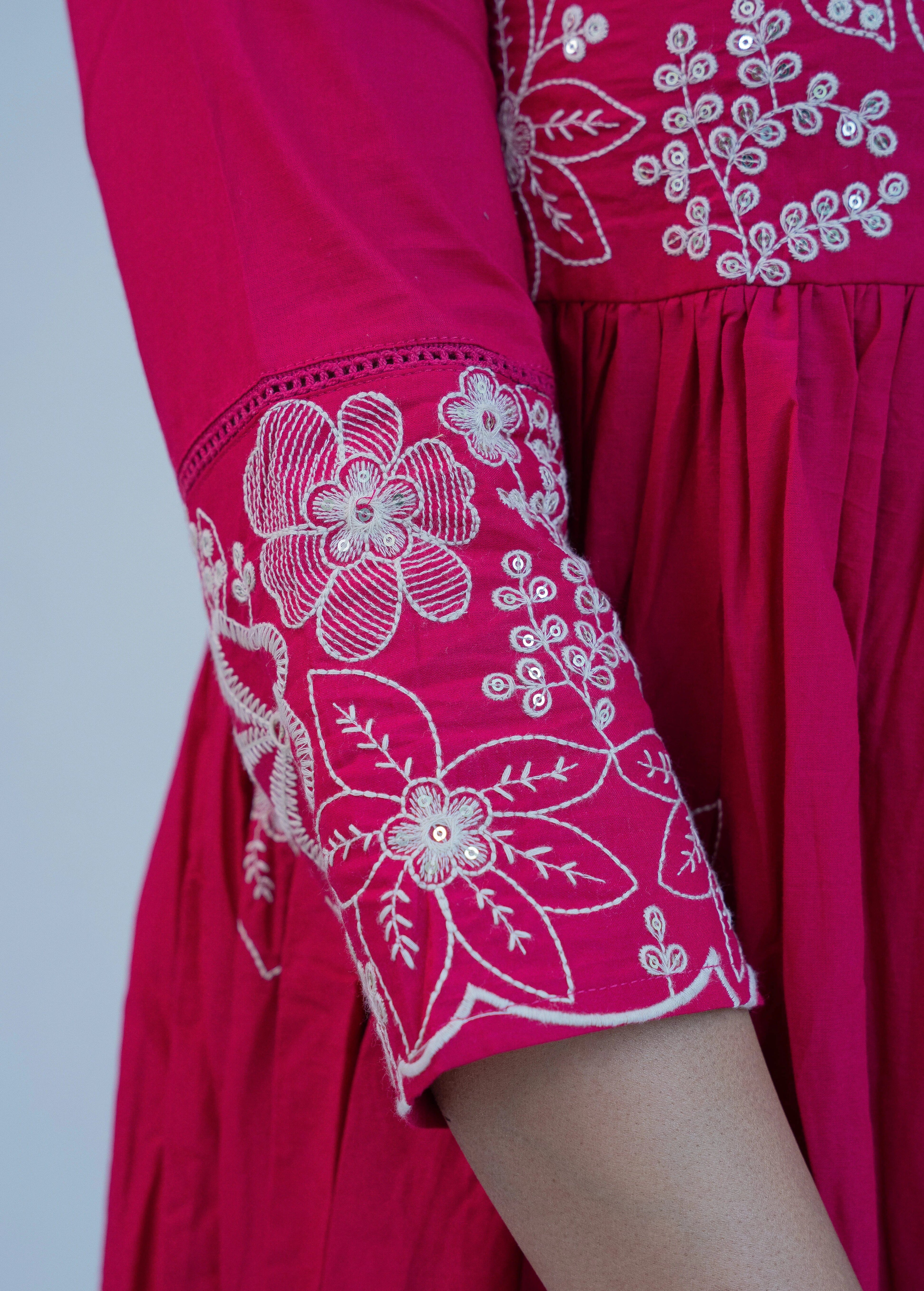 FLORAL EMBROIDERED THREAD WORK COTTON ANARKALI WITH EMBROIDERED DUPATTA