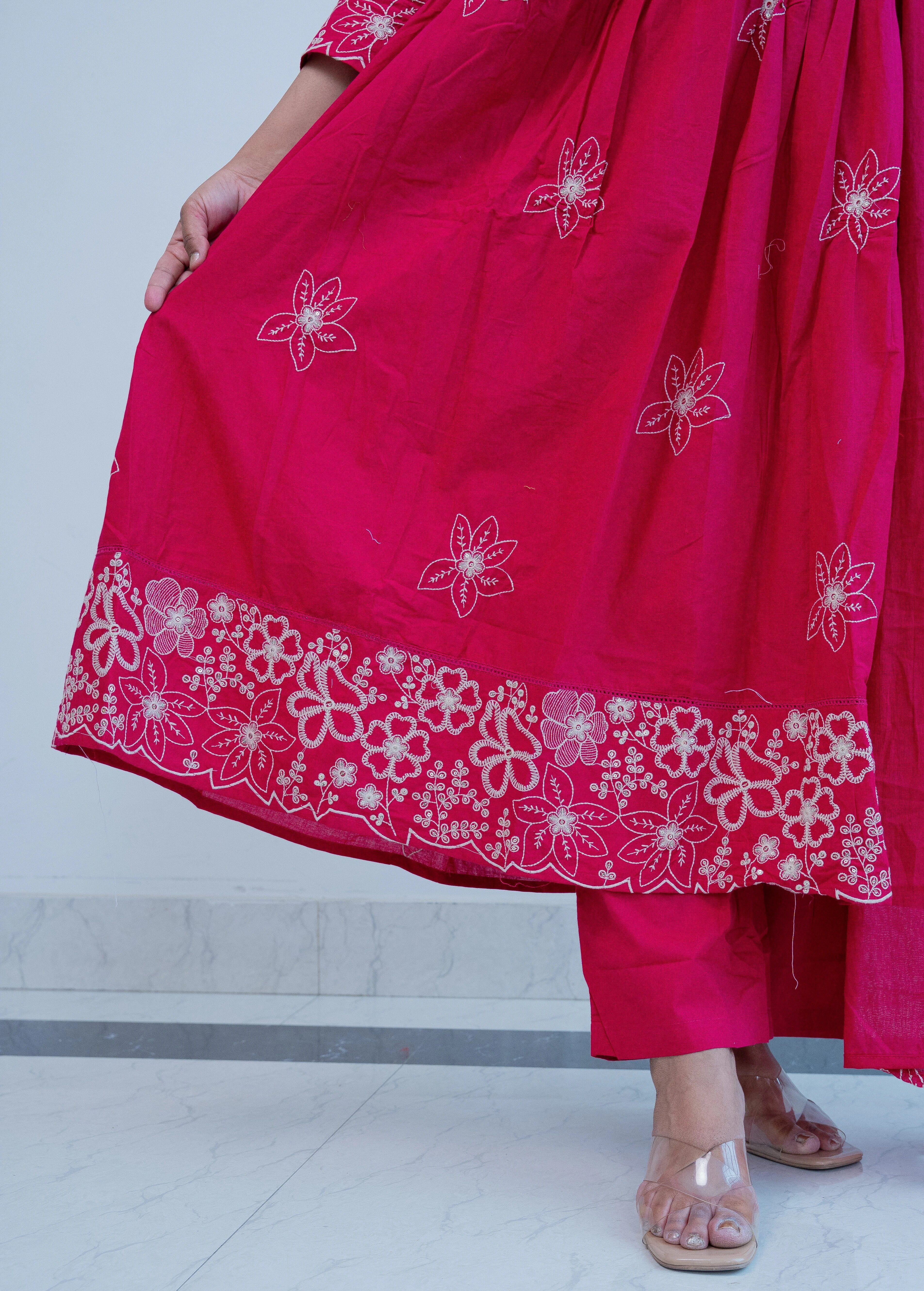 FLORAL EMBROIDERED THREAD WORK COTTON ANARKALI WITH EMBROIDERED DUPATTA