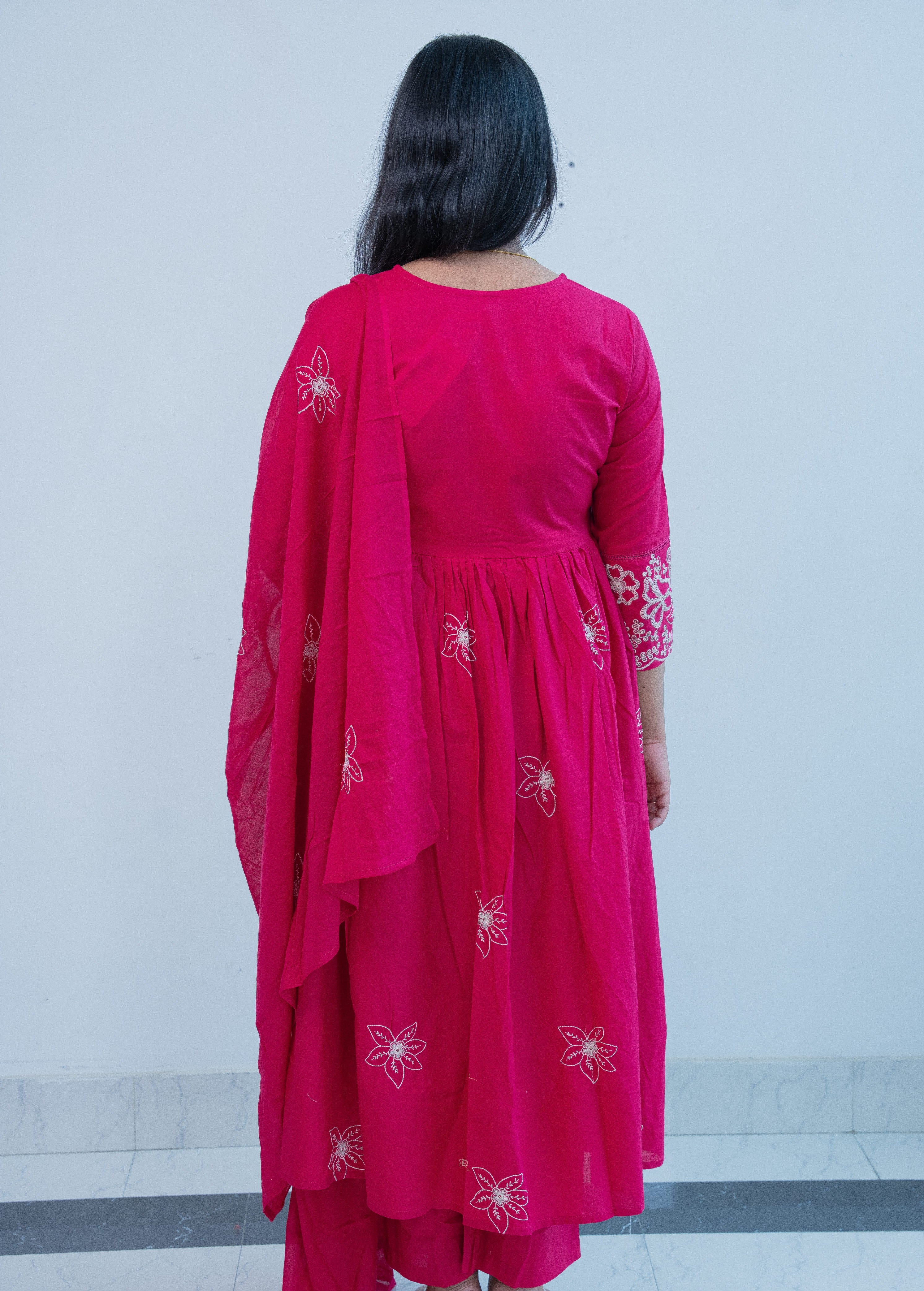 FLORAL EMBROIDERED THREAD WORK COTTON ANARKALI WITH EMBROIDERED DUPATTA