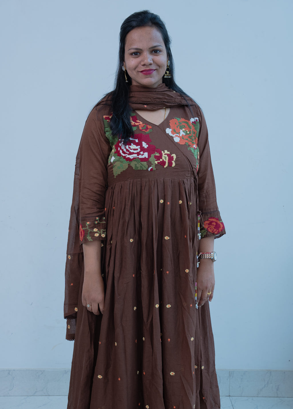 DARK BROWN ANARKALI WITH HEAVY CROSS STITCH EMBROIDERY