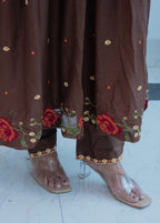 DARK BROWN ANARKALI WITH HEAVY CROSS STITCH EMBROIDERY