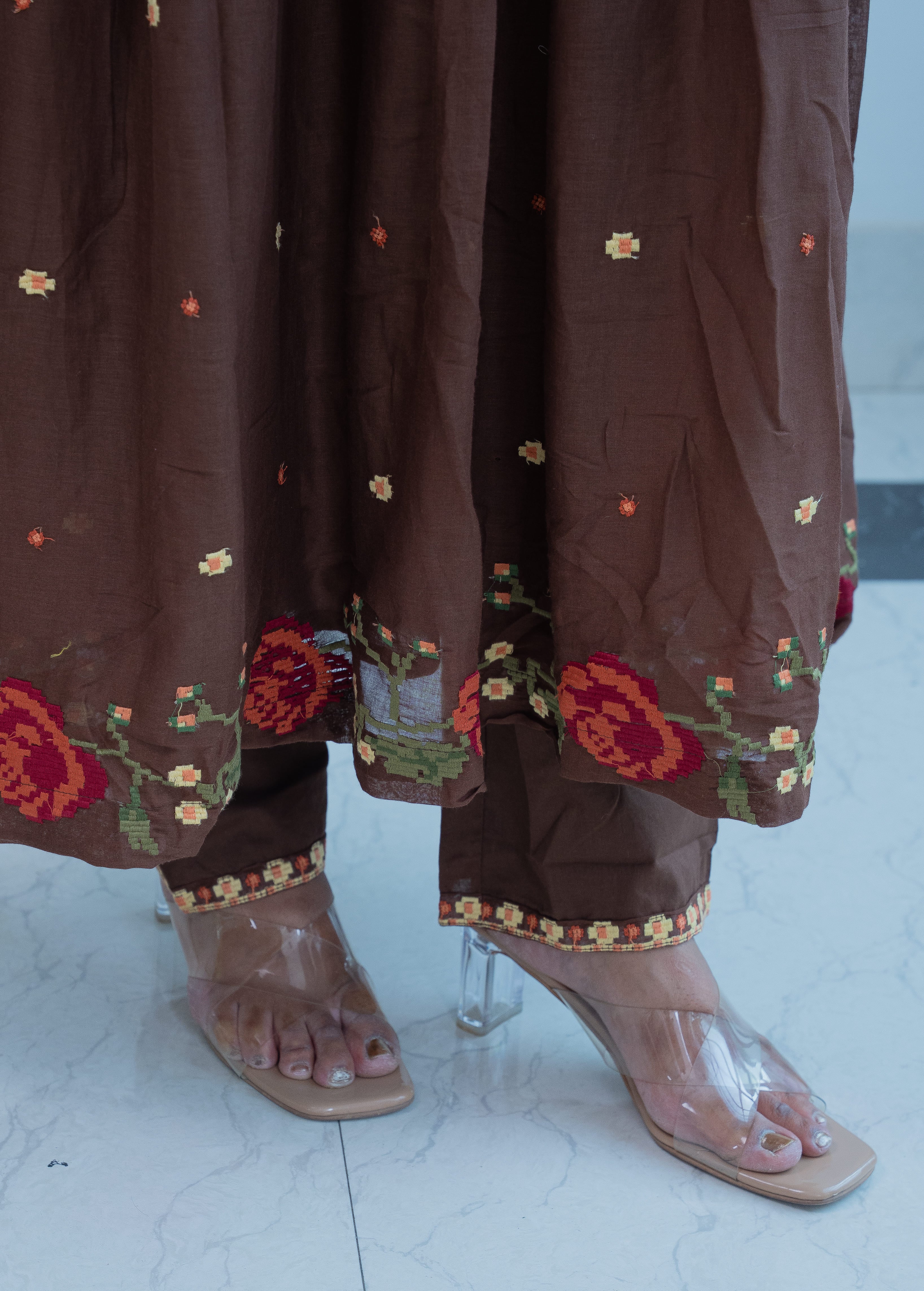 DARK BROWN ANARKALI WITH HEAVY CROSS STITCH EMBROIDERY