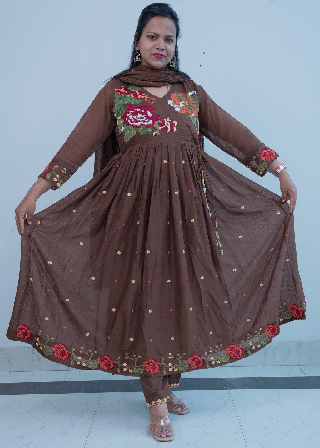DARK BROWN ANARKALI WITH HEAVY CROSS STITCH EMBROIDERY