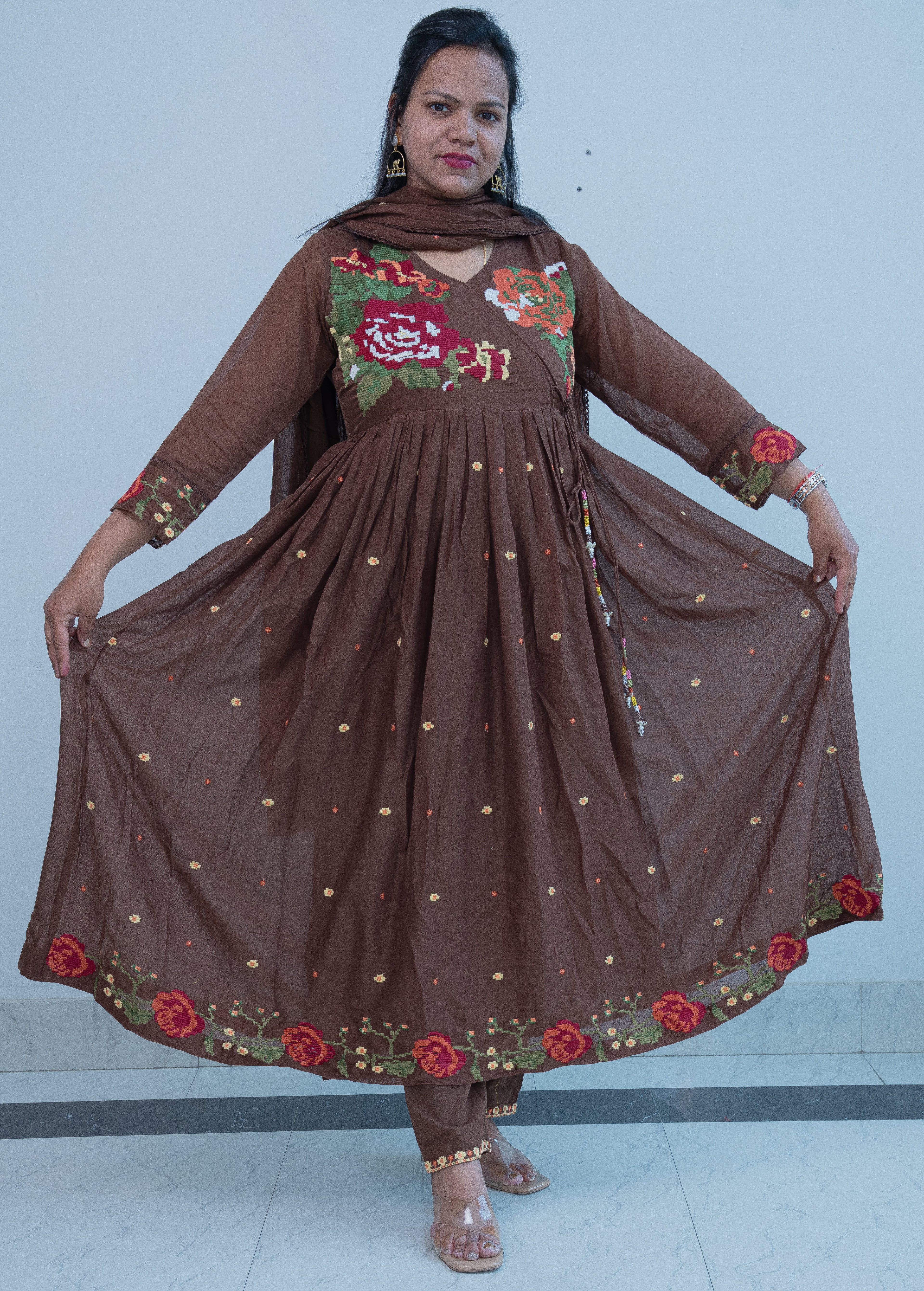 DARK BROWN ANARKALI WITH HEAVY CROSS STITCH EMBROIDERY