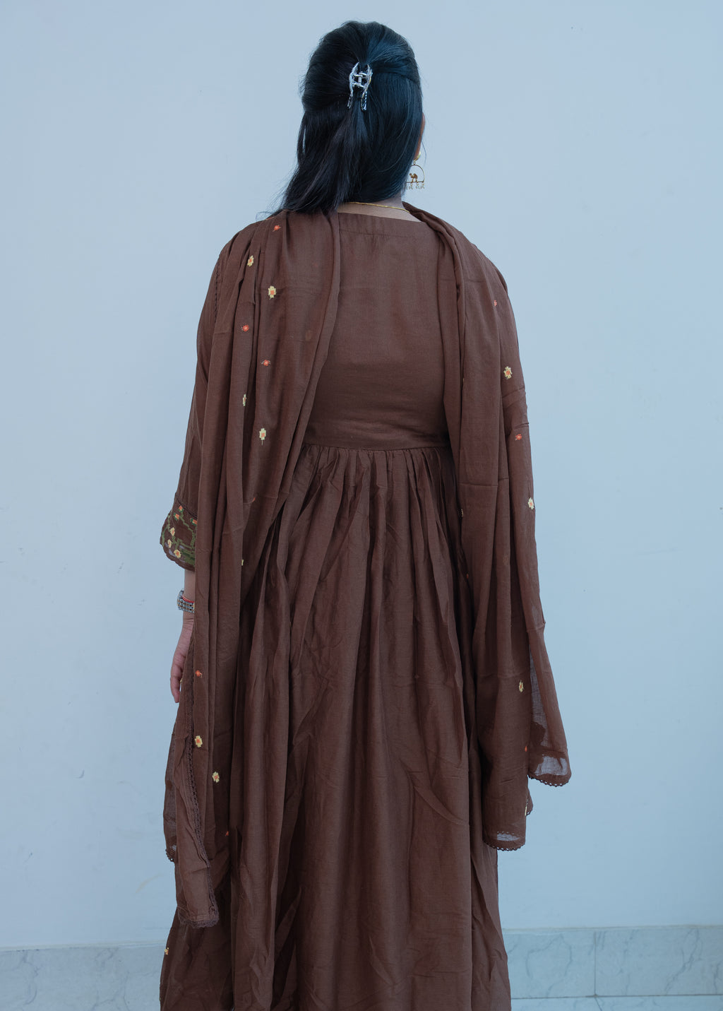 DARK BROWN ANARKALI WITH HEAVY CROSS STITCH EMBROIDERY