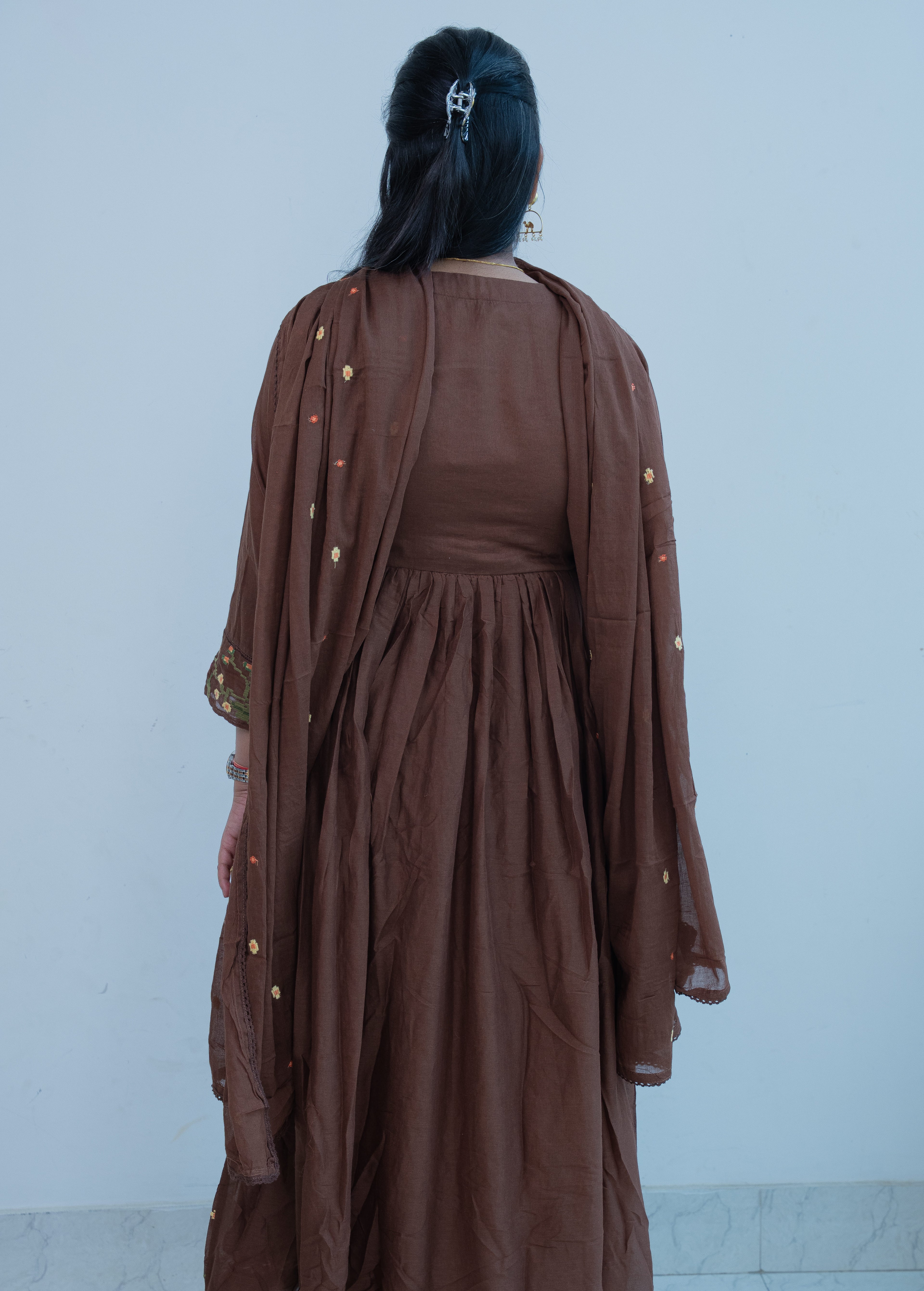 DARK BROWN ANARKALI WITH HEAVY CROSS STITCH EMBROIDERY