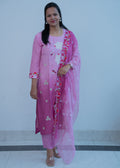 3-piece  Lilac Ombre Cotton Straight Suit Set with Floral Embroidered Organza Dupatta