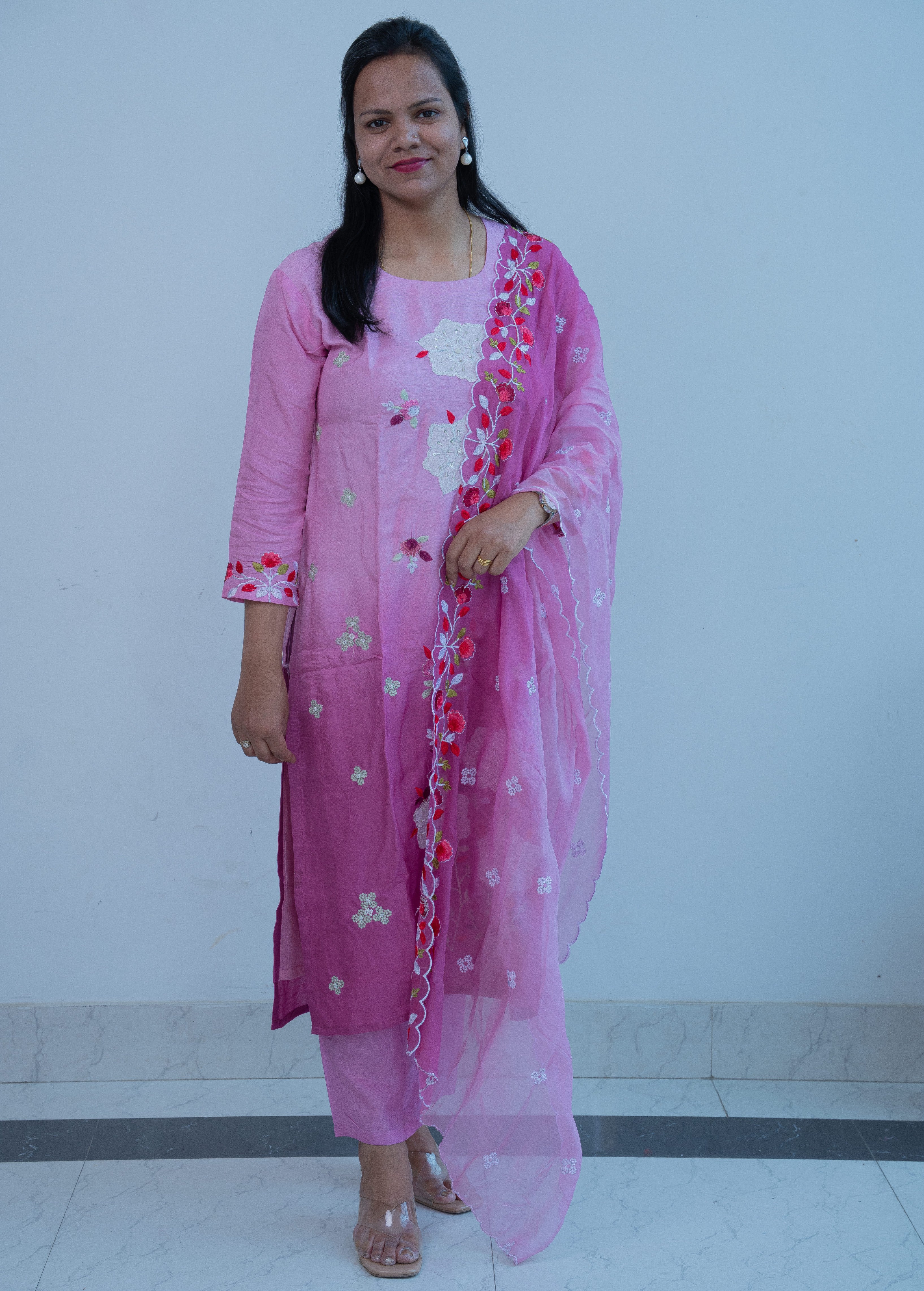 3-piece  Lilac Ombre Cotton Straight Suit Set with Floral Embroidered Organza Dupatta