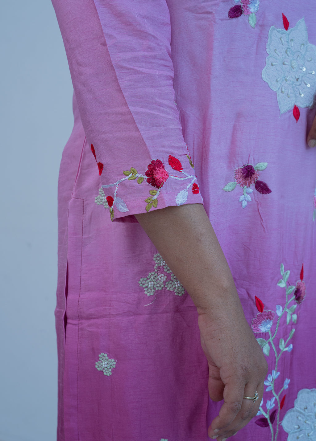 3-piece  Lilac Ombre Cotton Straight Suit Set with Floral Embroidered Organza Dupatta