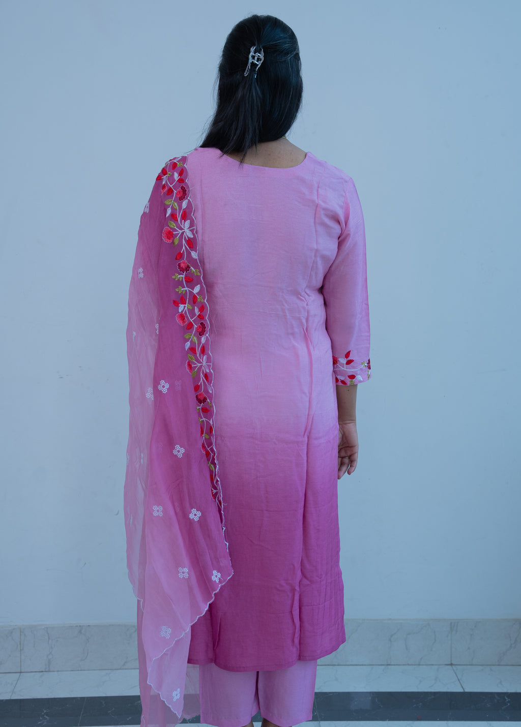 3-piece  Lilac Ombre Cotton Straight Suit Set with Floral Embroidered Organza Dupatta