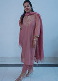 3-piece Mauve Chanderi Silk Embroidered Straight Suit Set with Tassel Dupatta