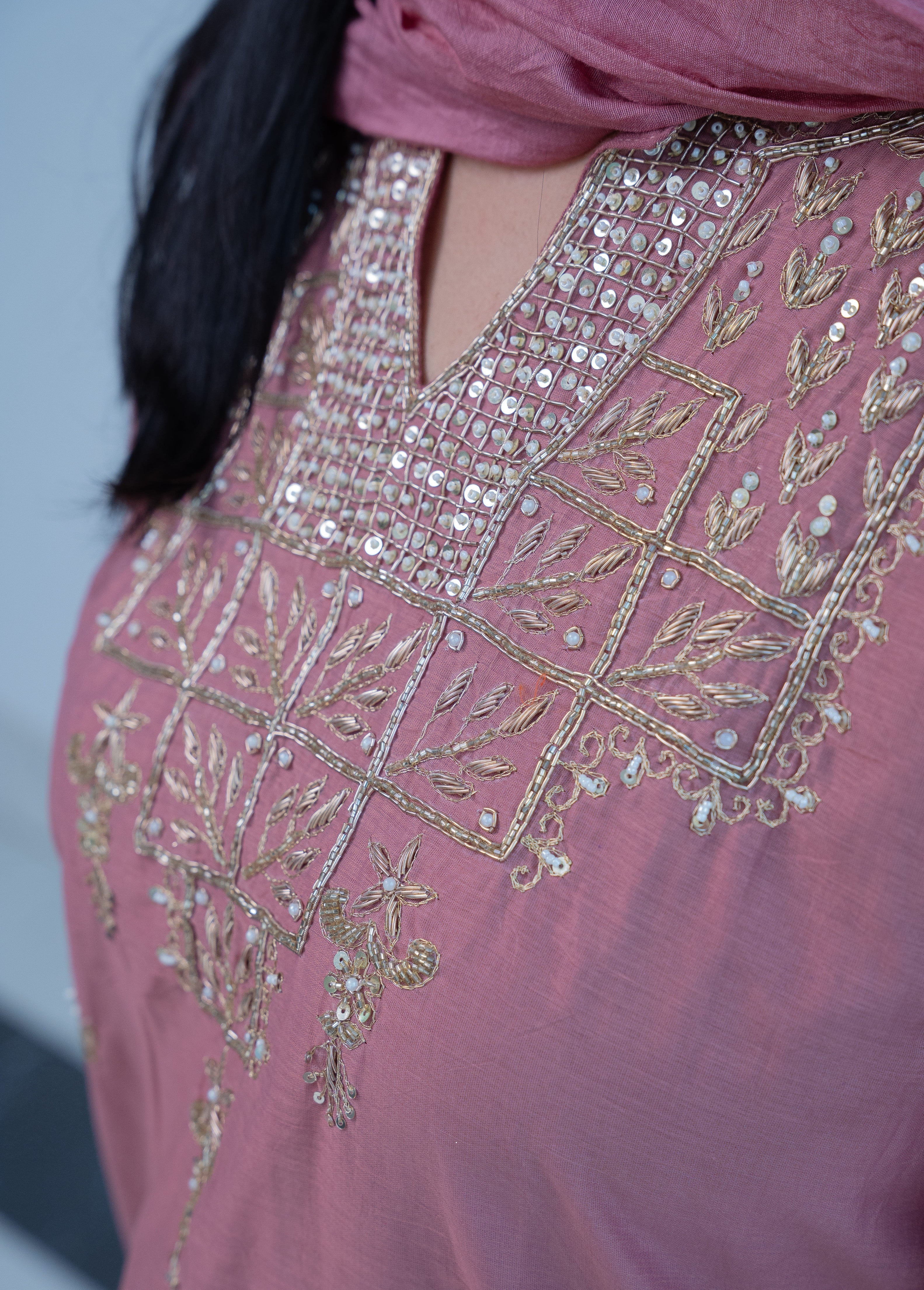 3-piece Mauve Chanderi Silk Embroidered Straight Suit Set with Tassel Dupatta