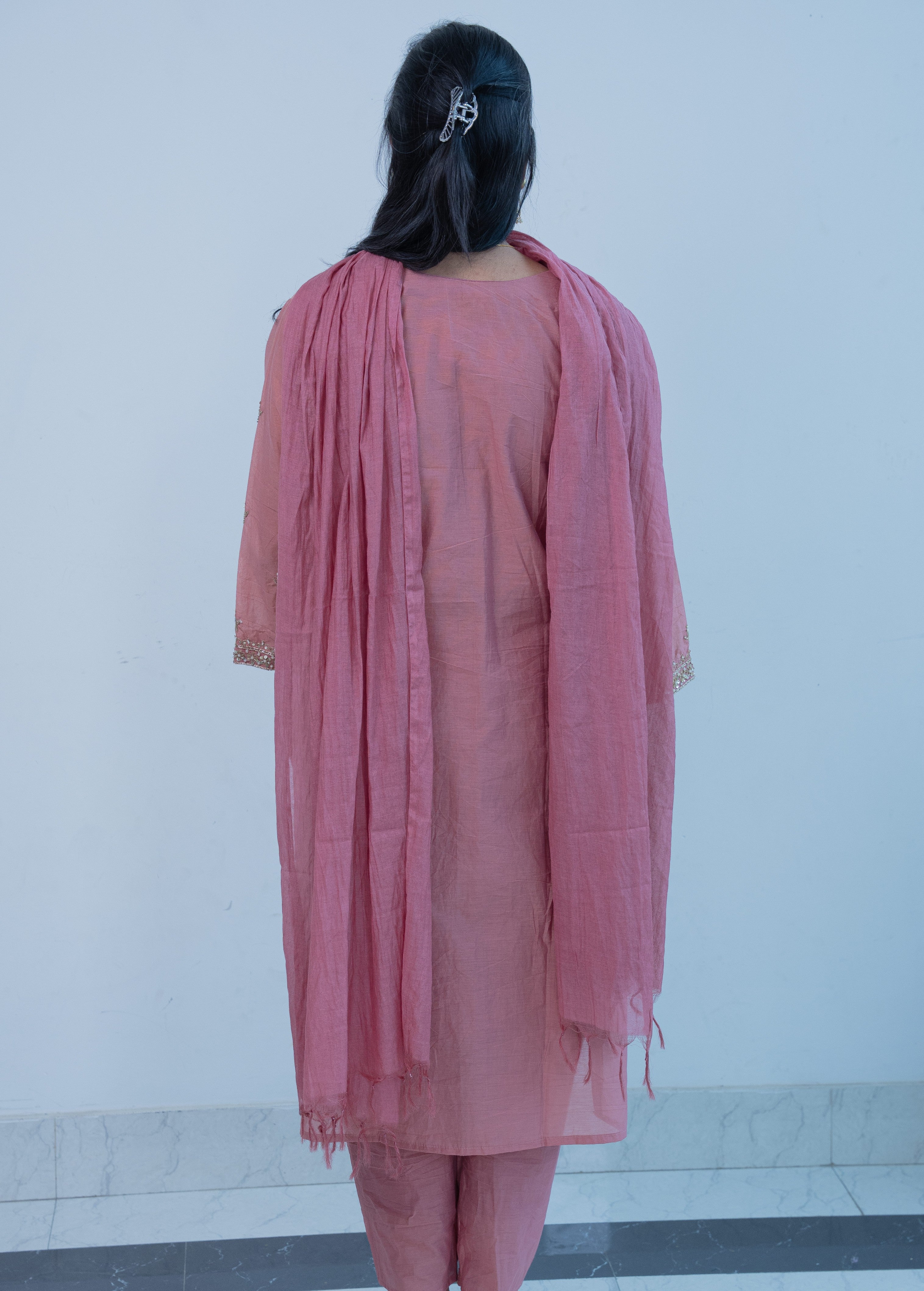3-piece Mauve Chanderi Silk Embroidered Straight Suit Set with Tassel Dupatta