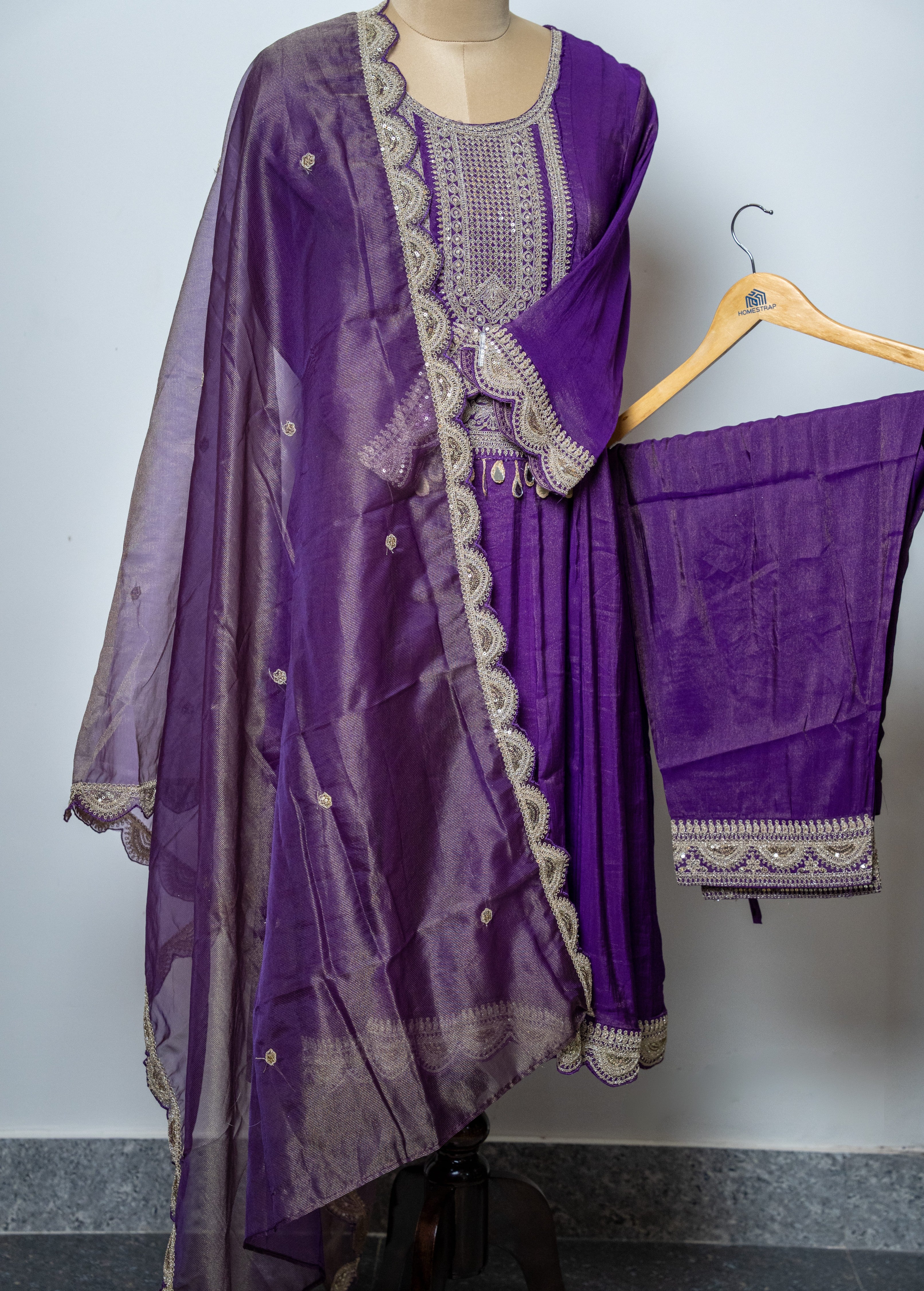 PURPLISH SHIMMER TISSUE SHORTLENGTH ANARKALI WITH HEAVY ZARI WORK