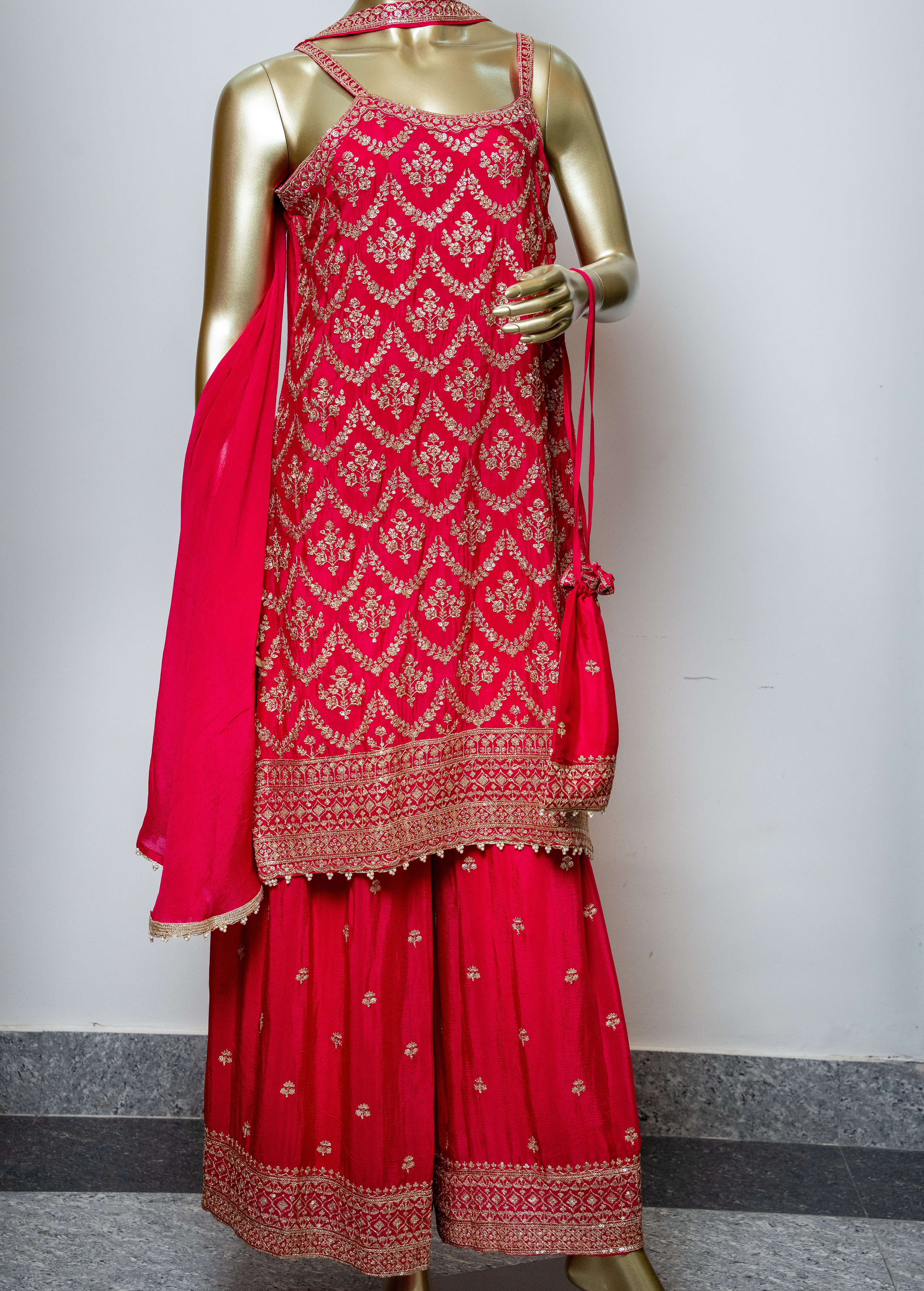 DARK PINK, Zari Embroidered Strappy Sharara Set with Chinnon chokar Dupatta & Potli"