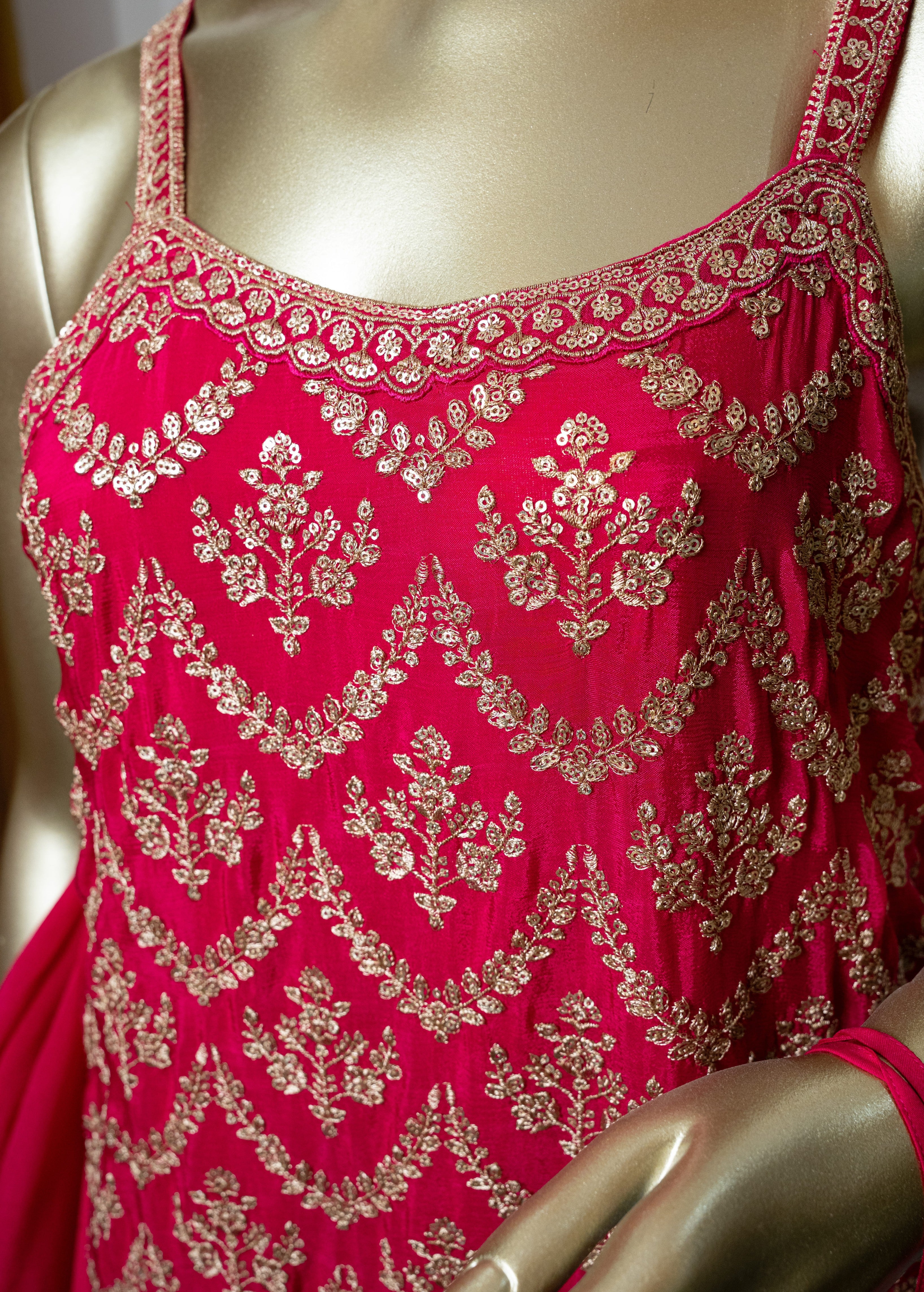 DARK PINK, Zari Embroidered Strappy Sharara Set with Chinnon chokar Dupatta & Potli"
