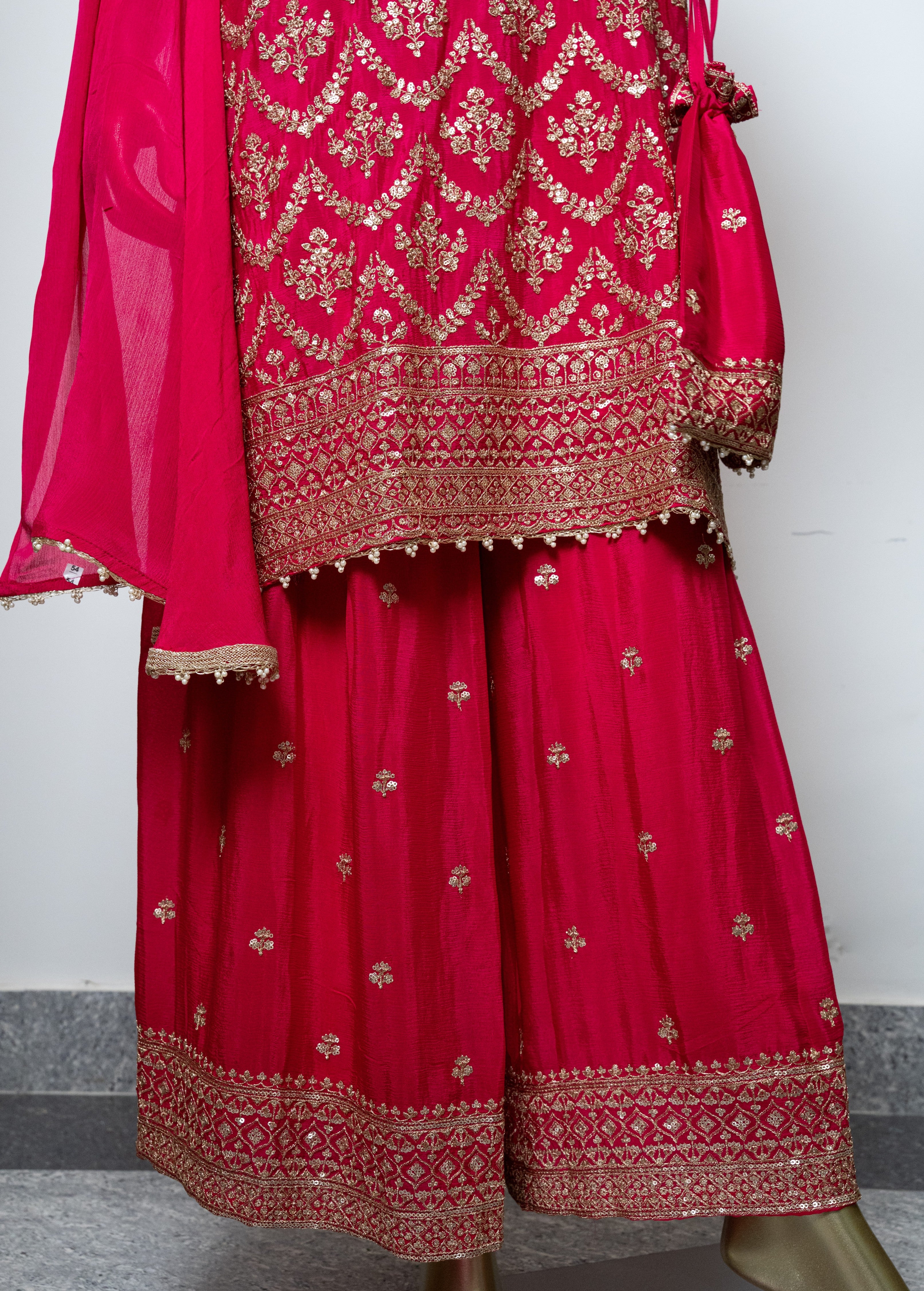 DARK PINK, Zari Embroidered Strappy Sharara Set with Chinnon chokar Dupatta & Potli"