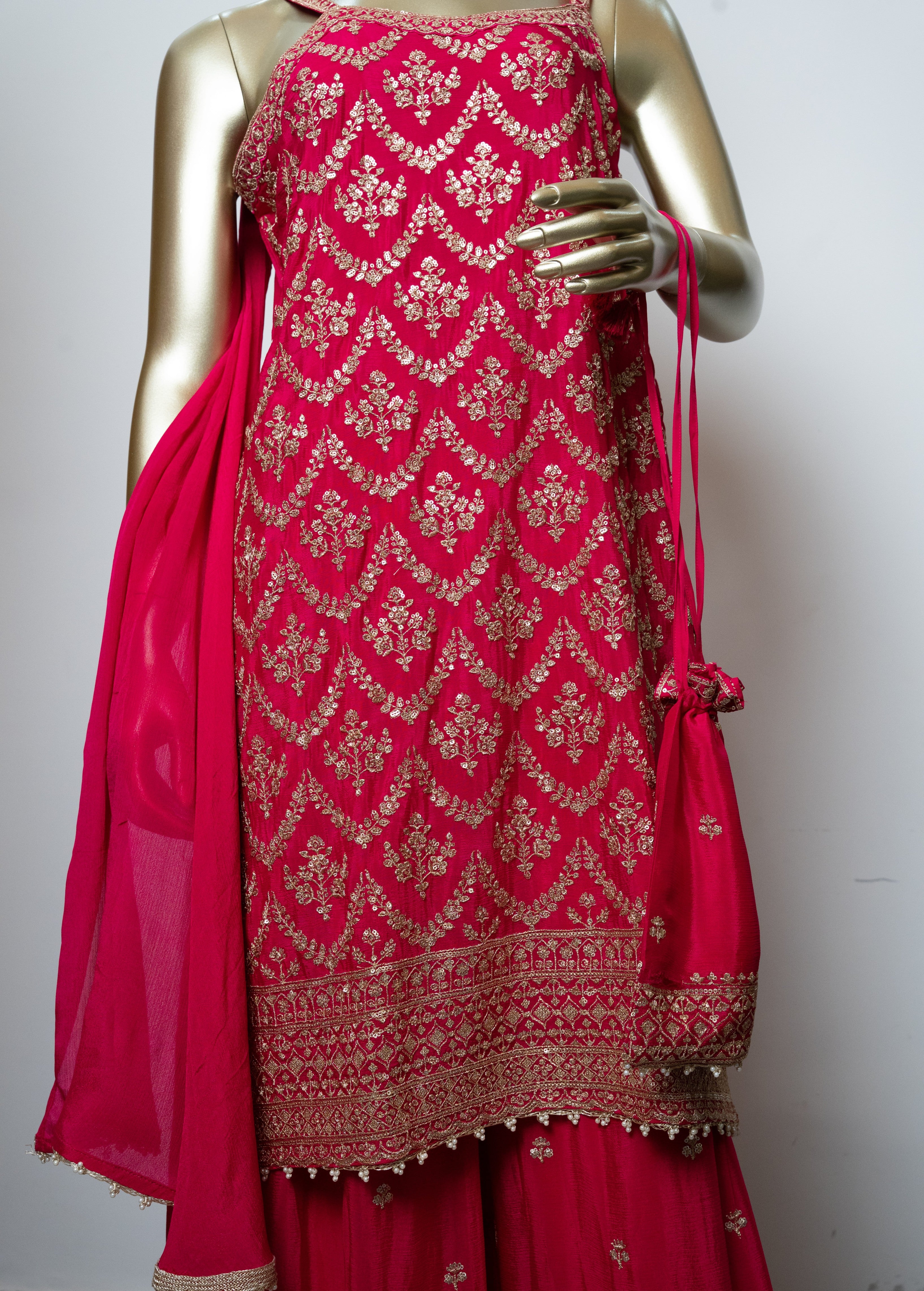 DARK PINK, Zari Embroidered Strappy Sharara Set with Chinnon chokar Dupatta & Potli"