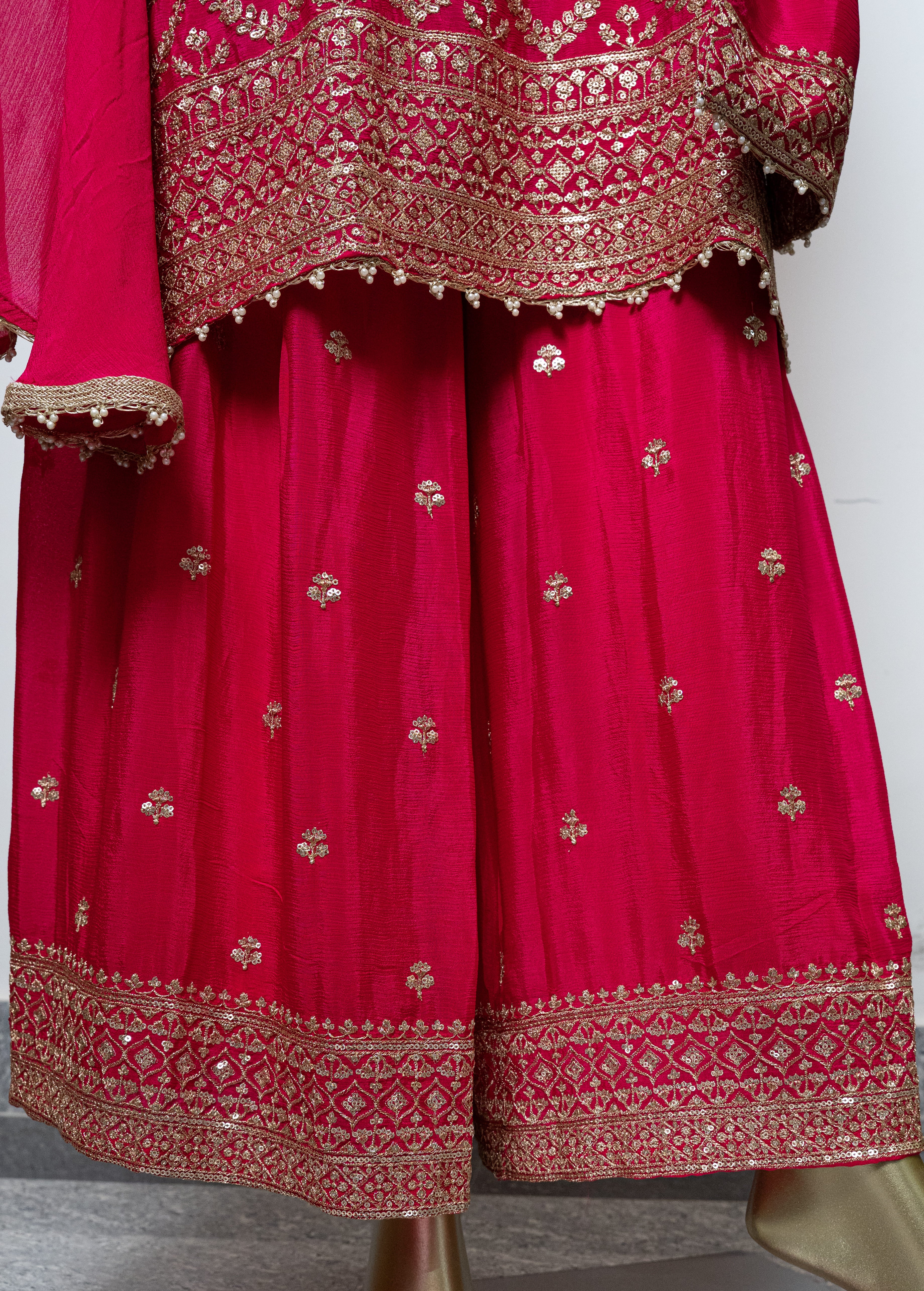 DARK PINK, Zari Embroidered Strappy Sharara Set with Chinnon chokar Dupatta & Potli"