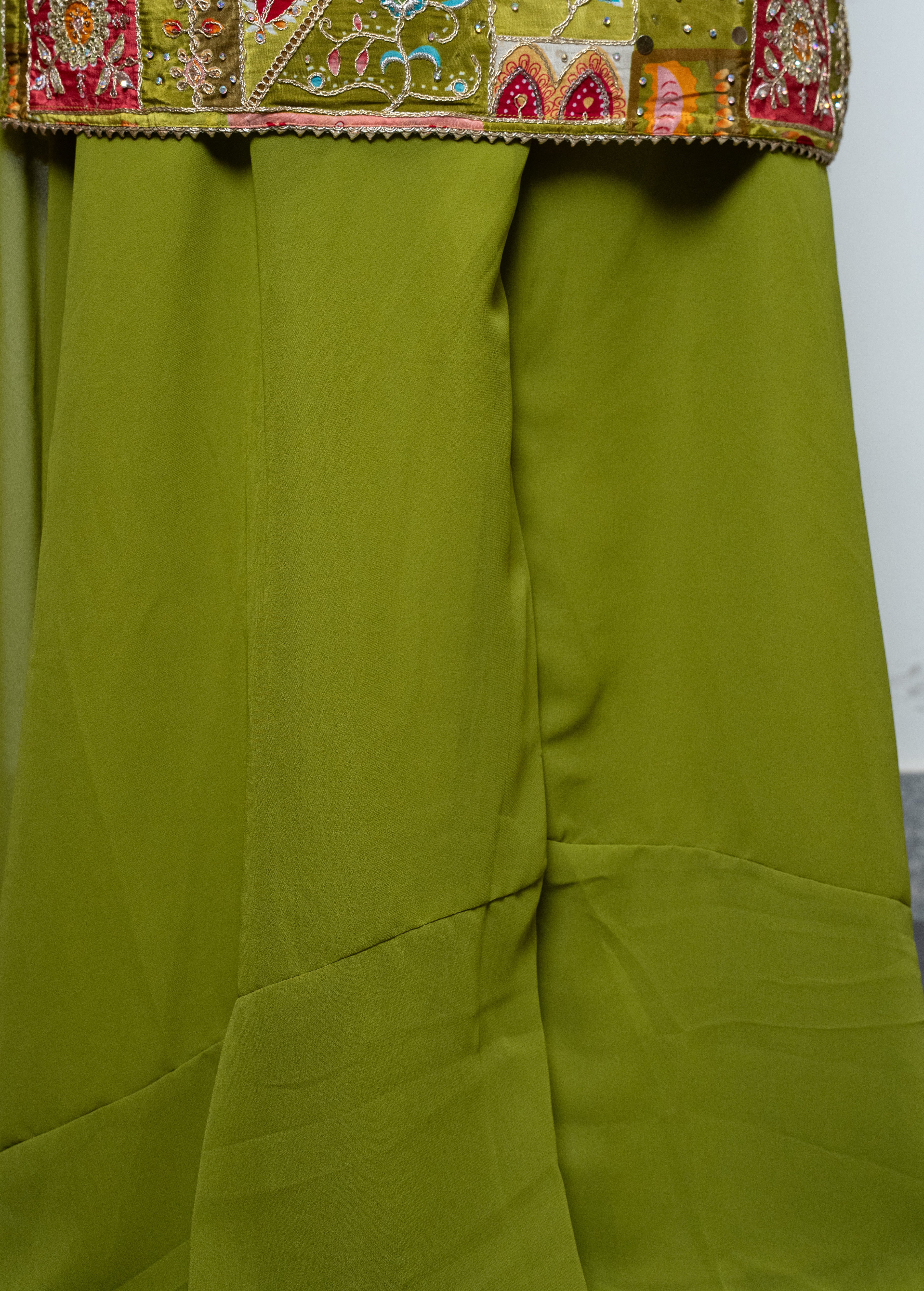 MEHENDI GREEN EMBROIDERED TOP WITH SHARARA AND CHOKER DUPATTA