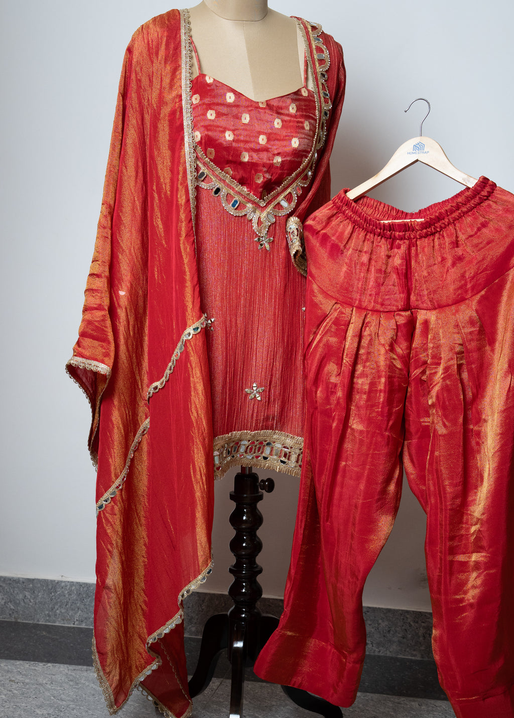 RUST ORANGE SHIMMER TISSUE TOP WITH BUSTIER  WITH FARSHI SALWAR
