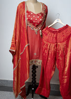 RUST ORANGE SHIMMER TISSUE TOP WITH BUSTIER  WITH FARSHI SALWAR