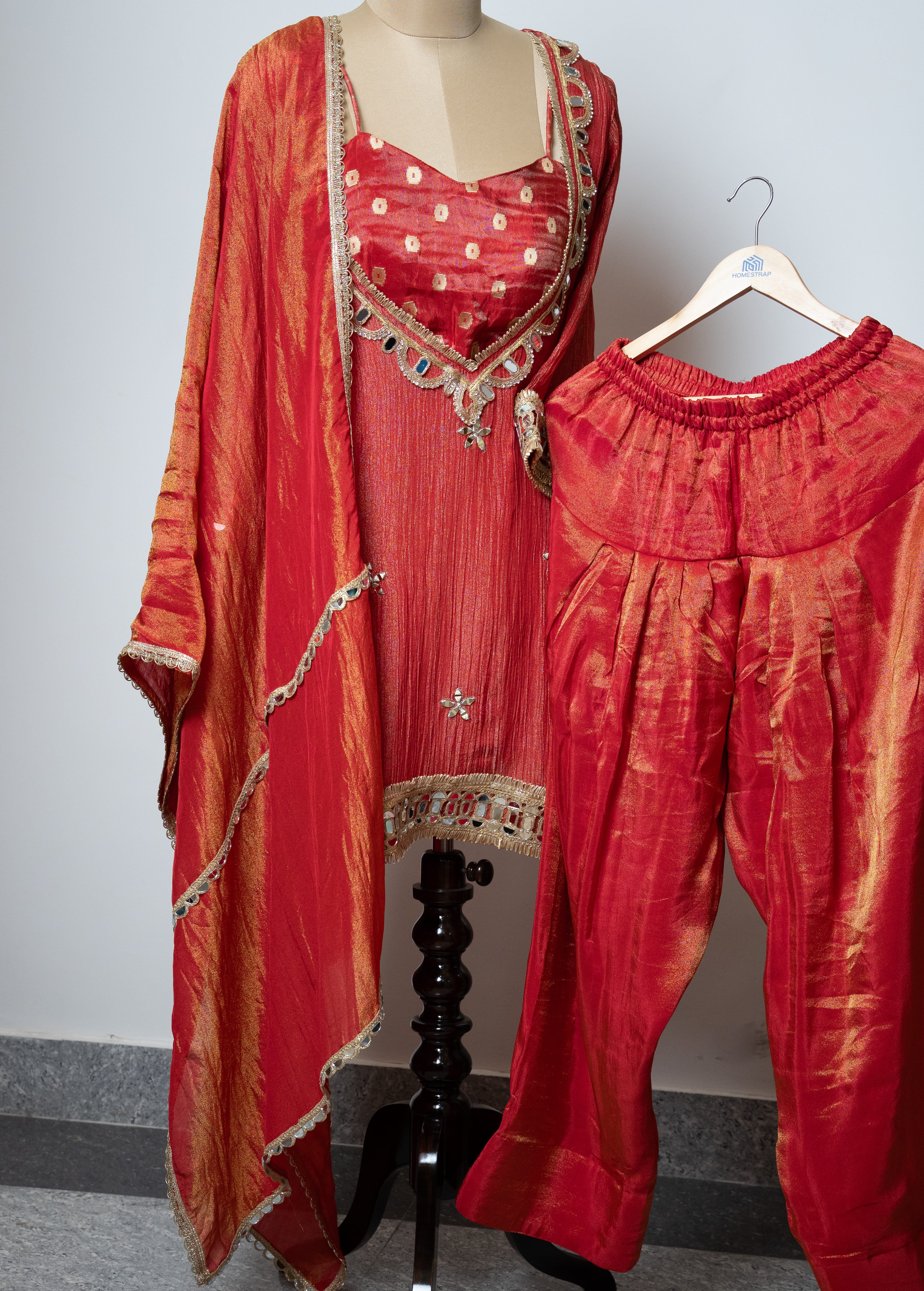 RUST ORANGE SHIMMER TISSUE TOP WITH BUSTIER  WITH FARSHI SALWAR
