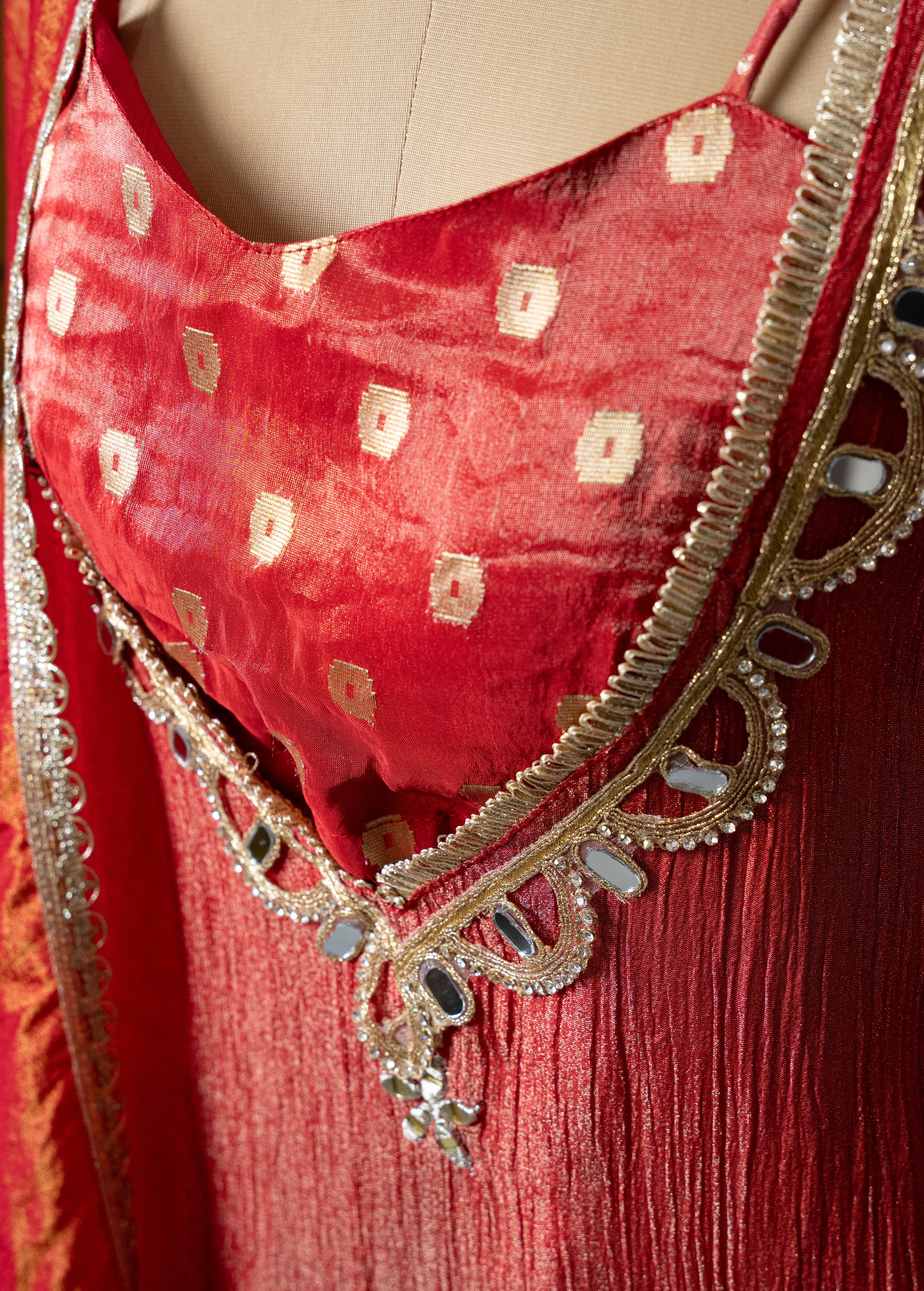 RUST ORANGE SHIMMER TISSUE TOP WITH BUSTIER  WITH FARSHI SALWAR