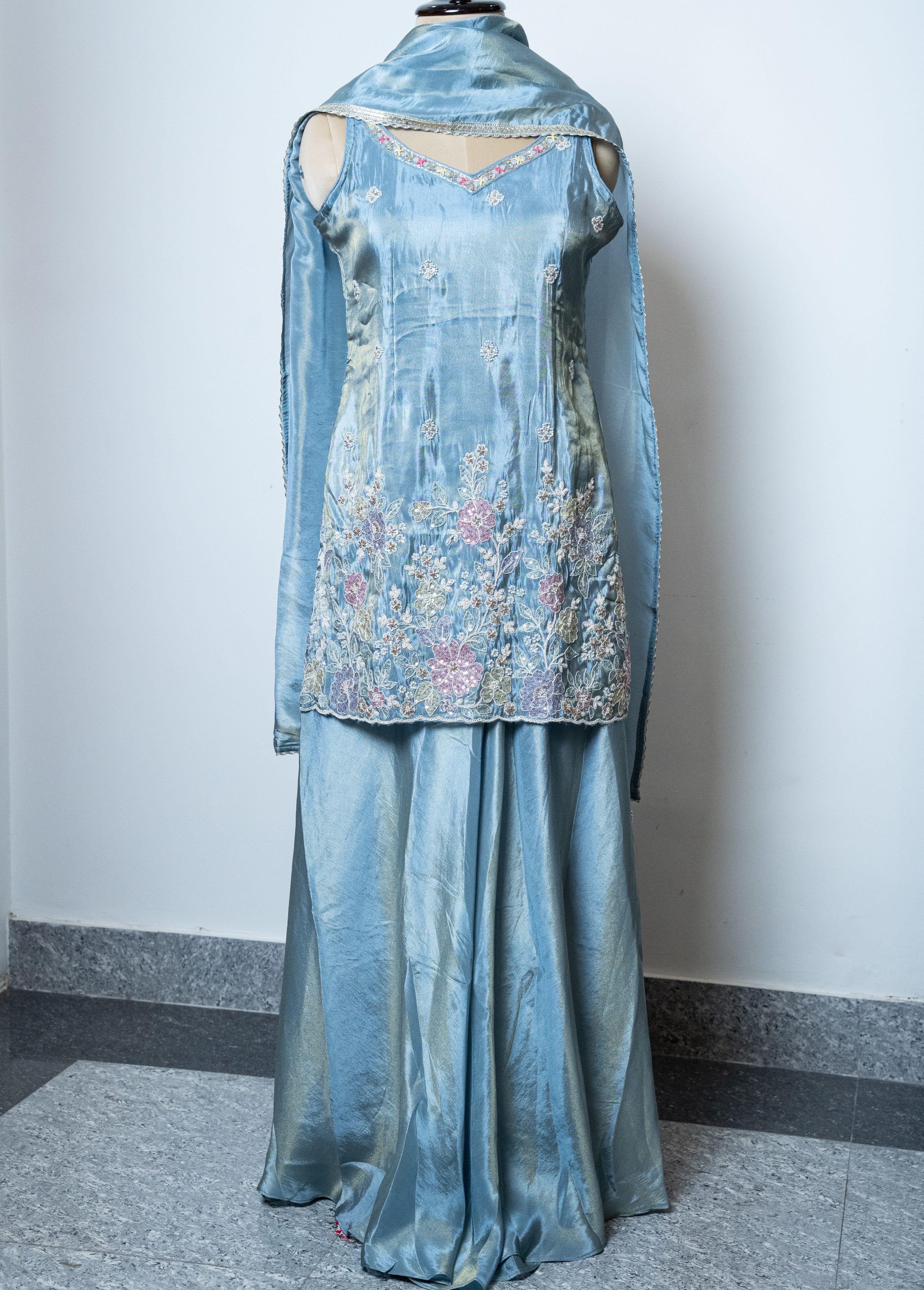 POWDER BLUE SHIMMER TISSUE SHARARA SET
