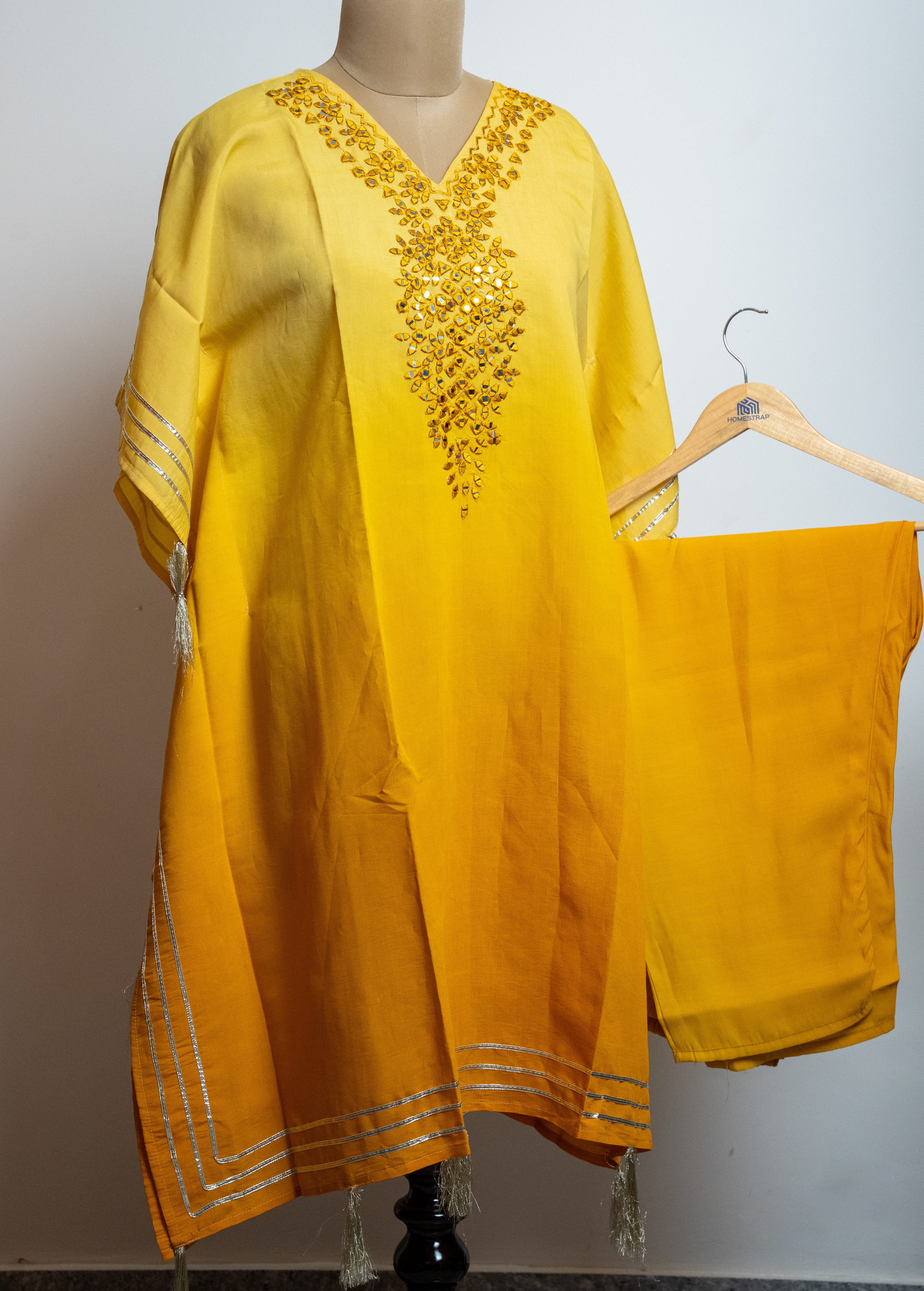 Yellow Ombre Shade  Kaftan Kurta Set With Tassels & Yoke Mirror Work