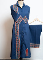 Blue Cotton Shirt-Style Kurta Co-ord Set with Geometric Border Print