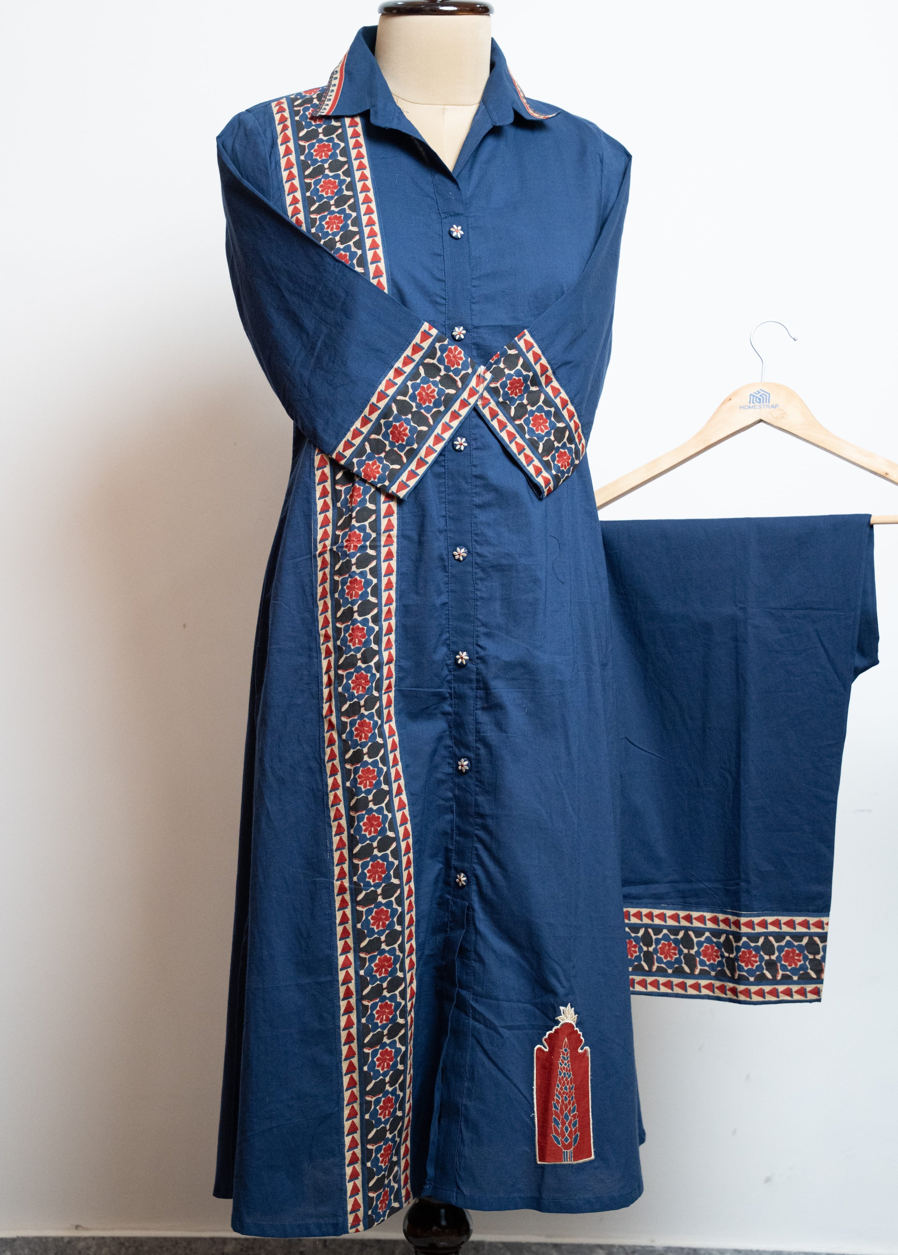 Blue Cotton Shirt-Style Kurta Co-ord Set with Geometric Border Print