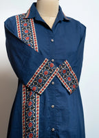 Blue Cotton Shirt-Style Kurta Co-ord Set with Geometric Border Print